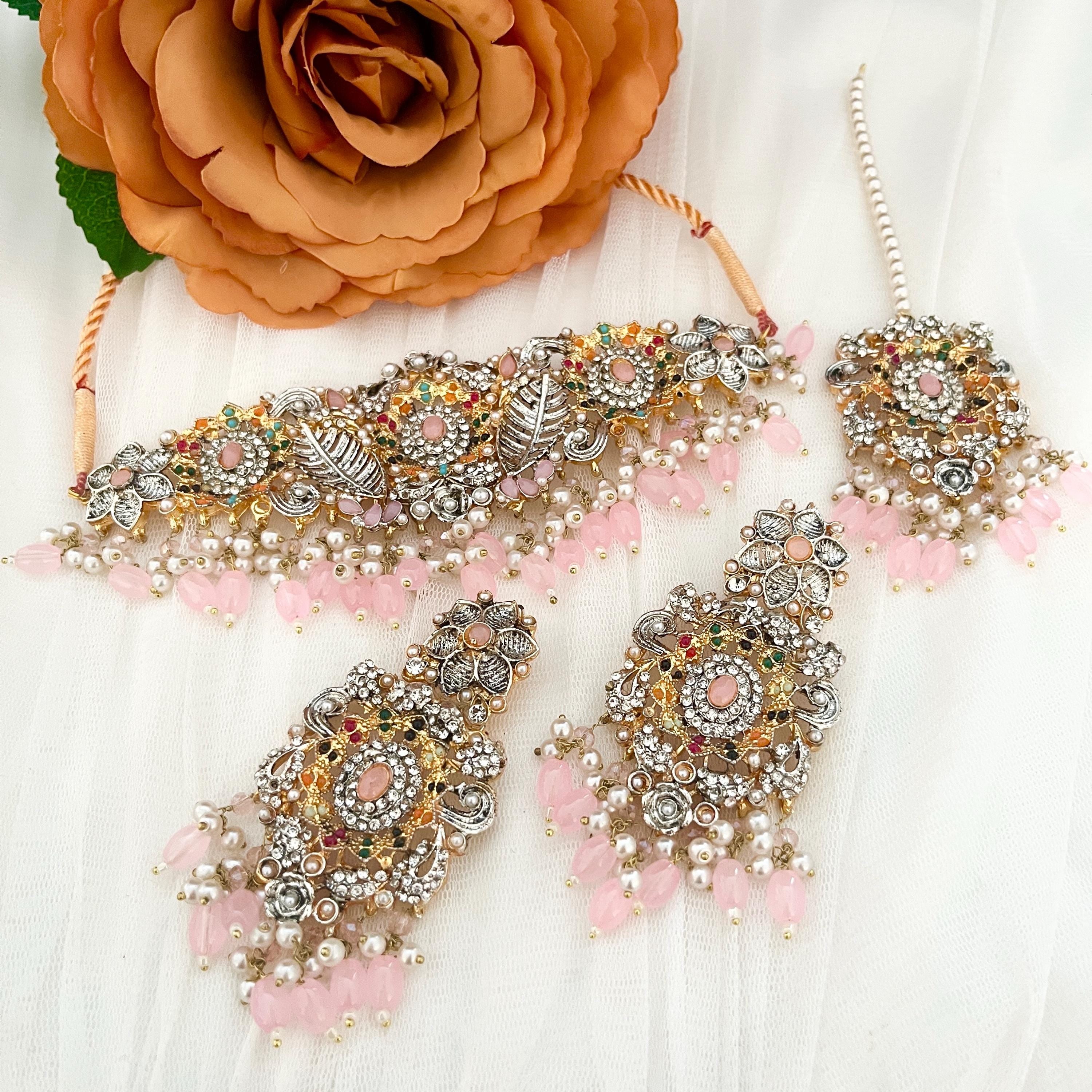 Handmade Indian Bridal Choker Necklace Set: Gold & Pink Bollywood Jewelry