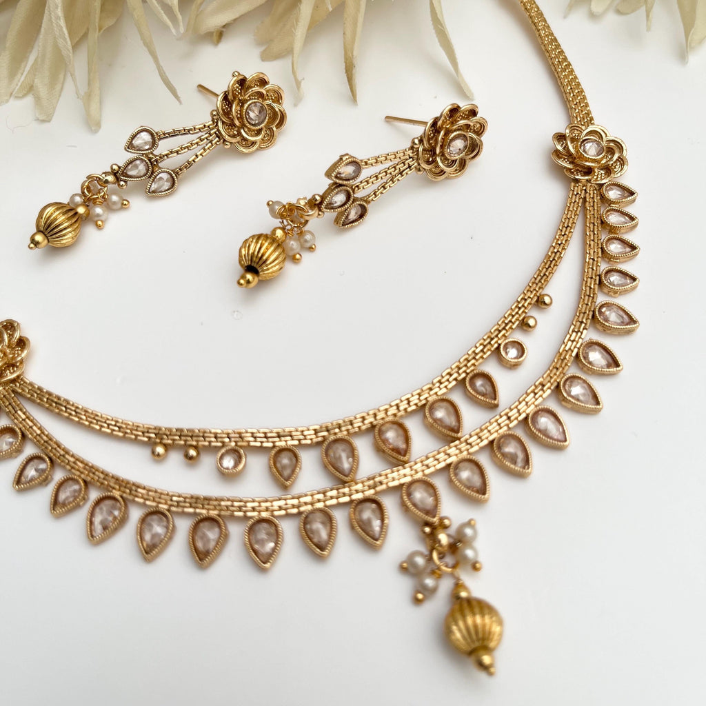 Gold Plated Polki Jewelry Set: Temple Design Necklace & Earrings