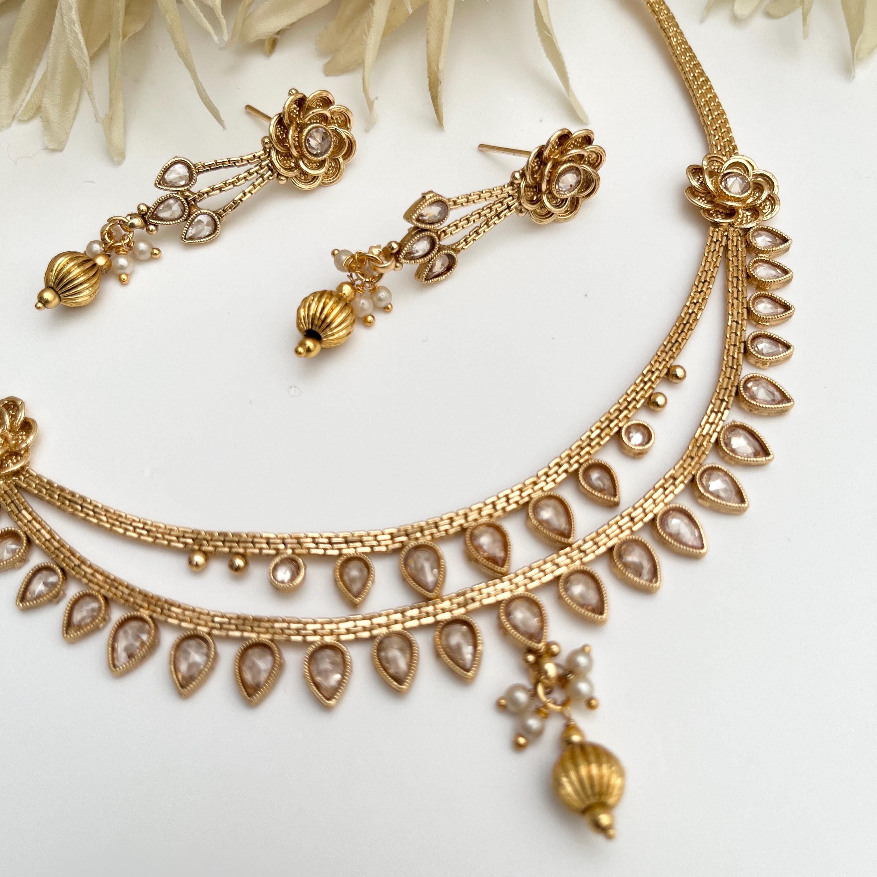 Gold Plated Polki Jewelry Set: Temple Design Necklace & Earrings