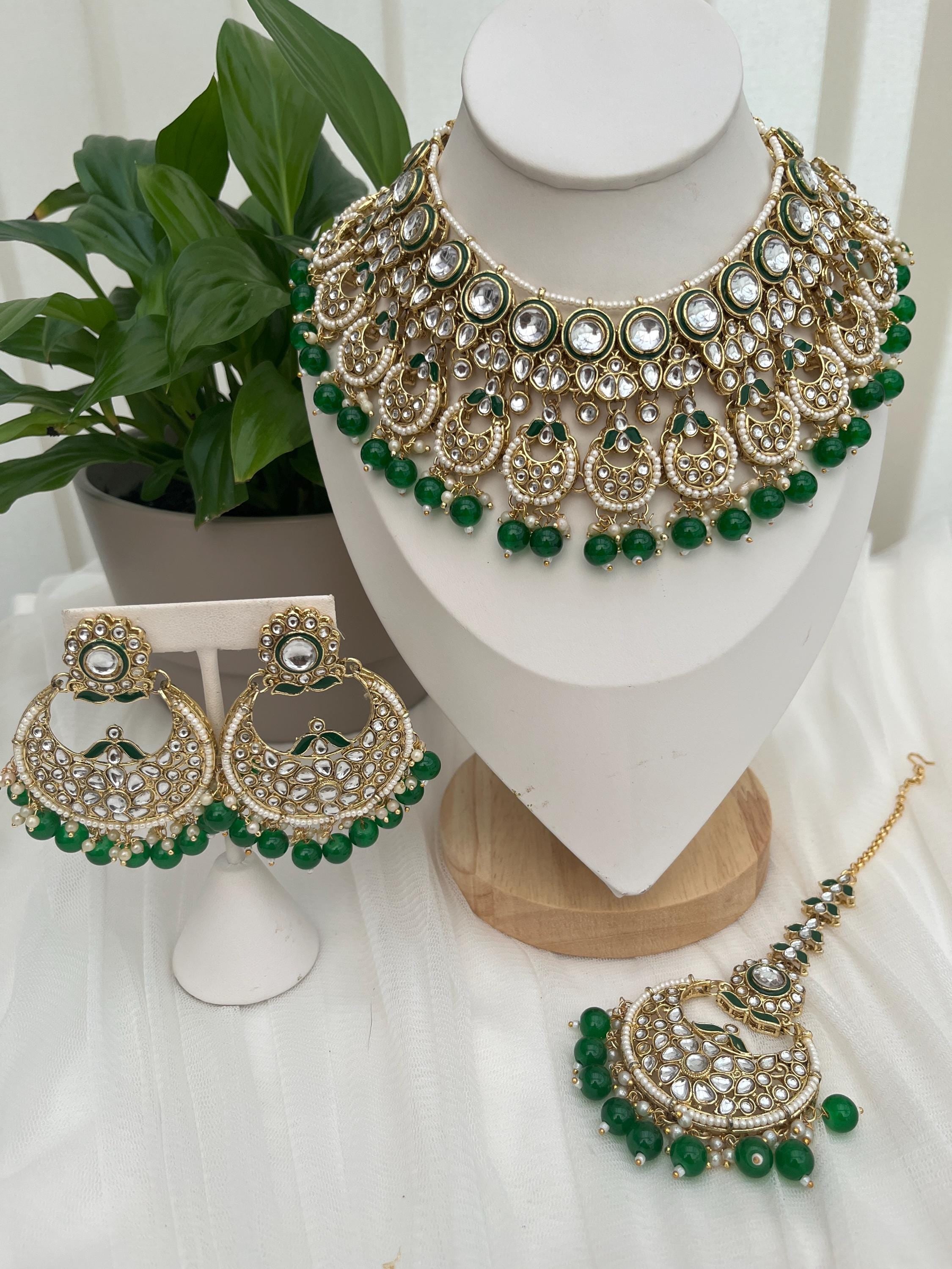 Beautiful Indian Jewellery/Green Beaded Kundan Choker Set/Tikka and Earrings/Indian Bridal Sets/Bollywood/Pakistani Jewellery