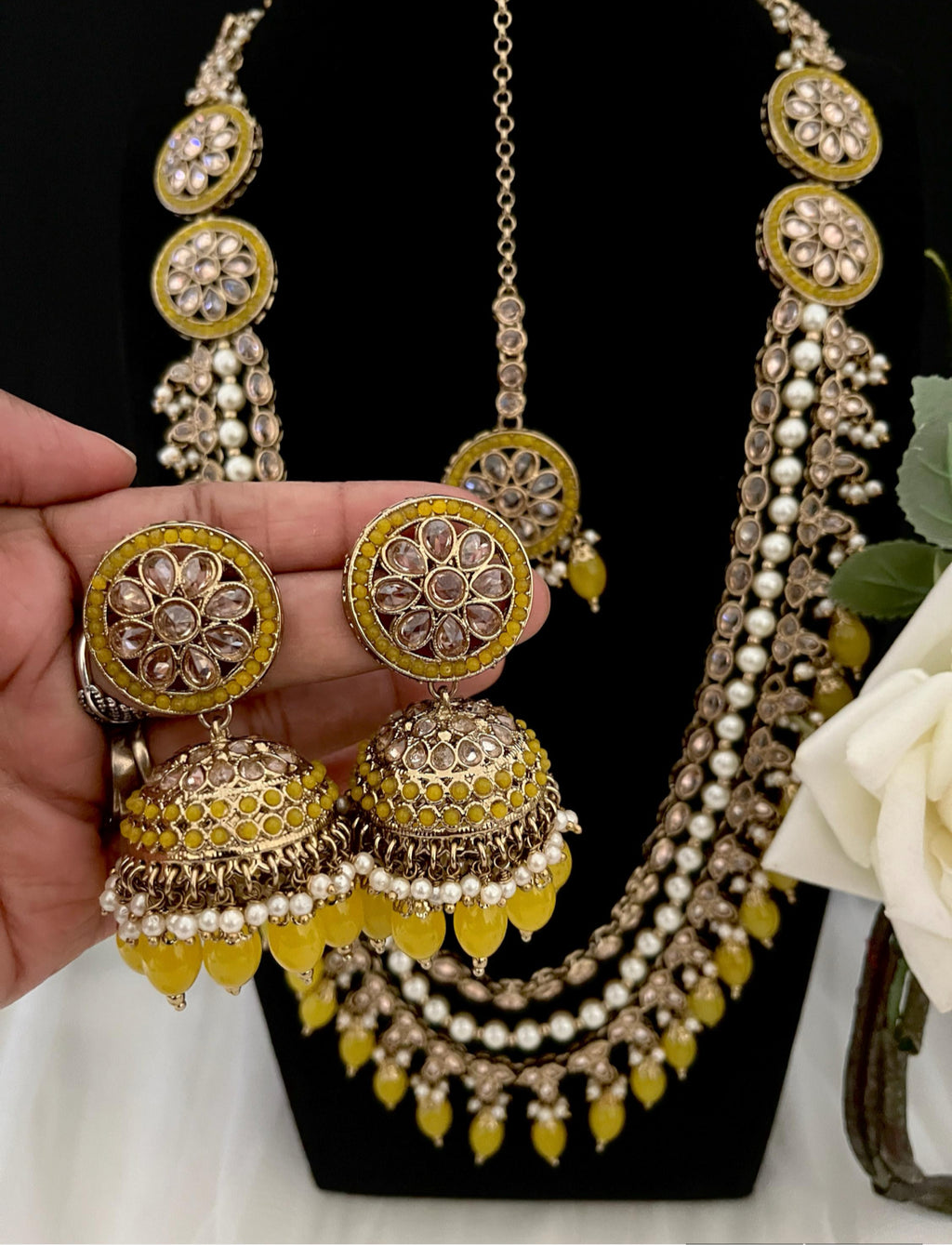 Long Necklace with Tikka and Jhumka Earrings adorned with Yellow Pearls