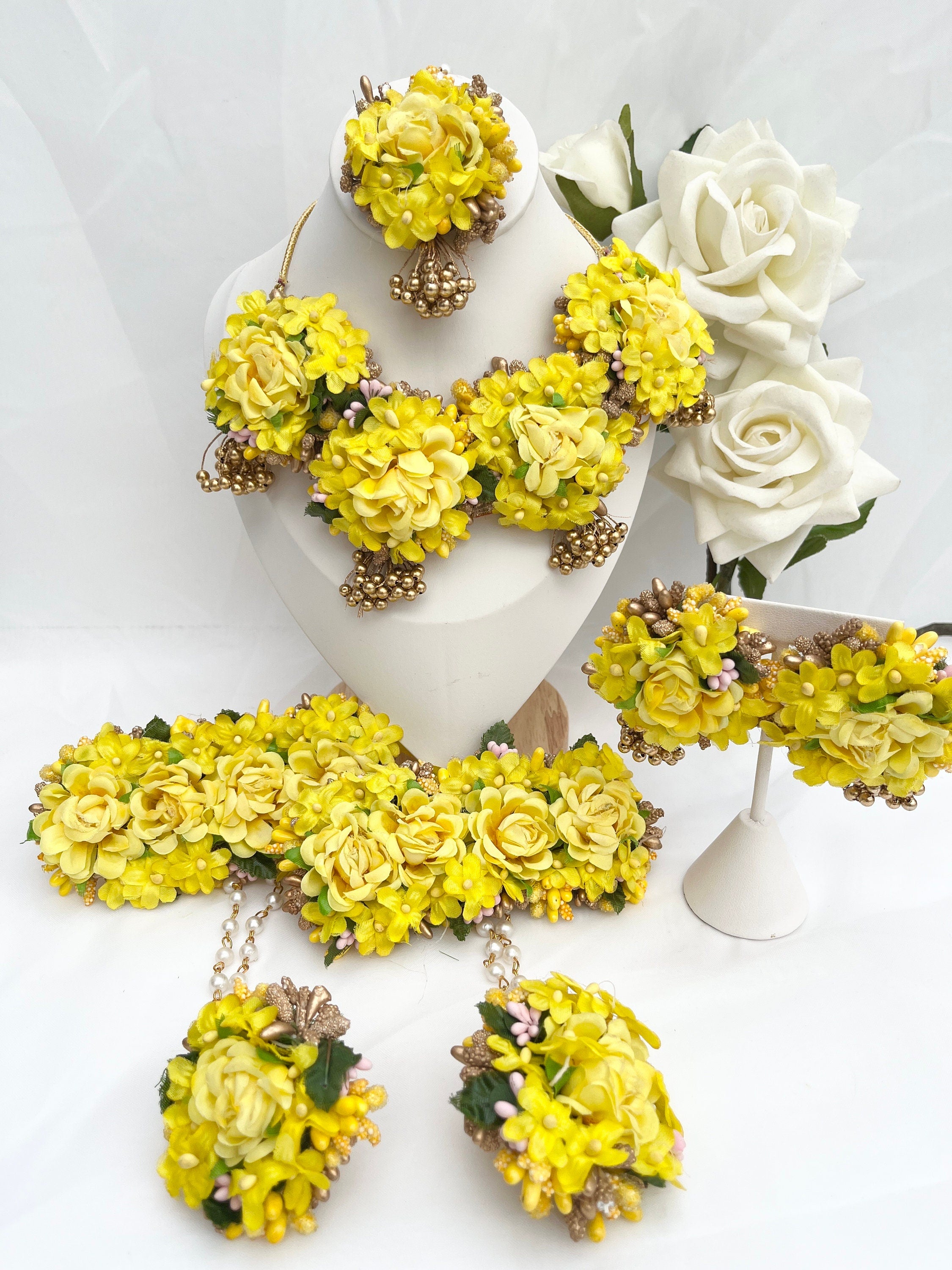 Yellow Floral Indian Bridal Jewelry Set: Haldi Maiyan Wedding Accessory