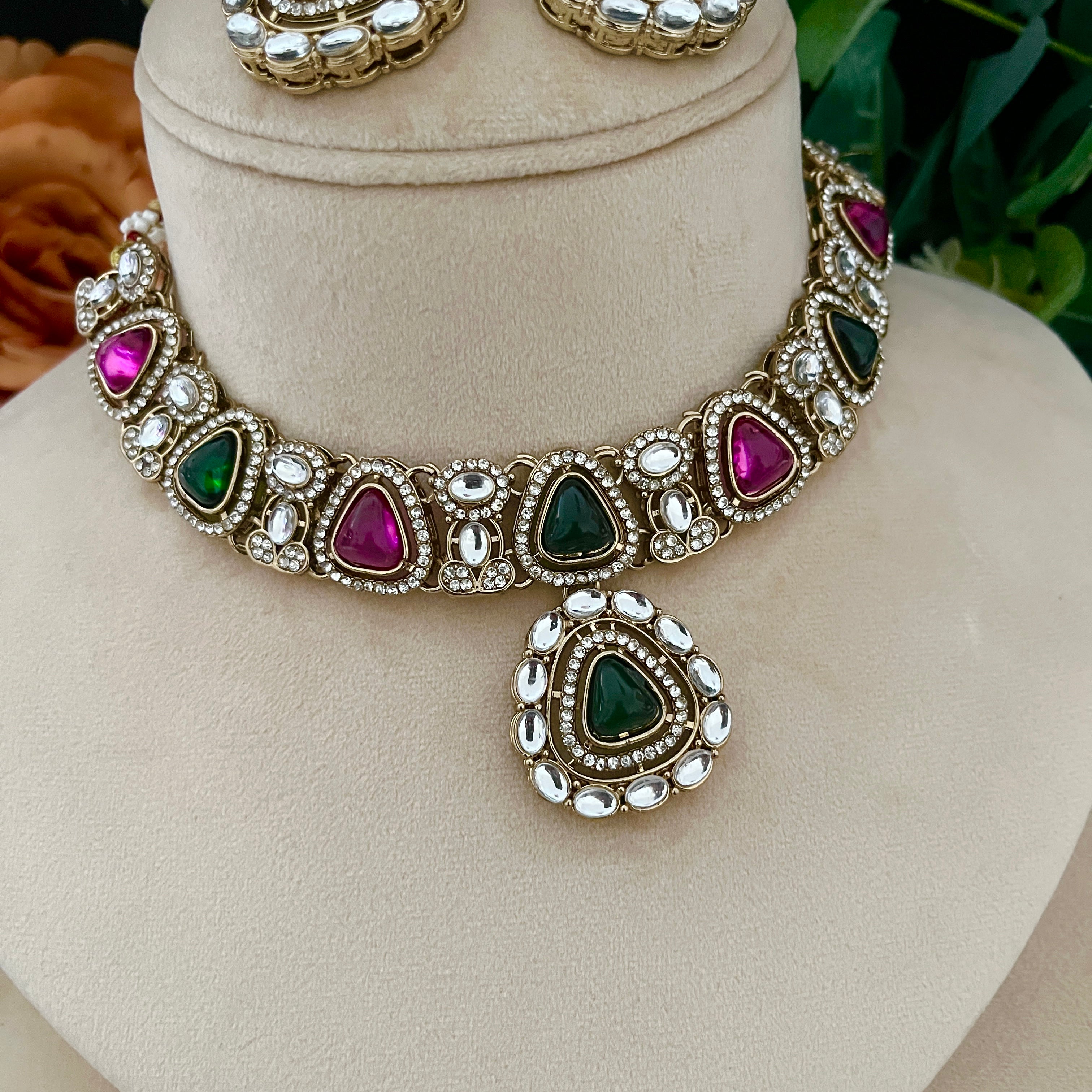 Moissanite Jewellery pink and Green stones