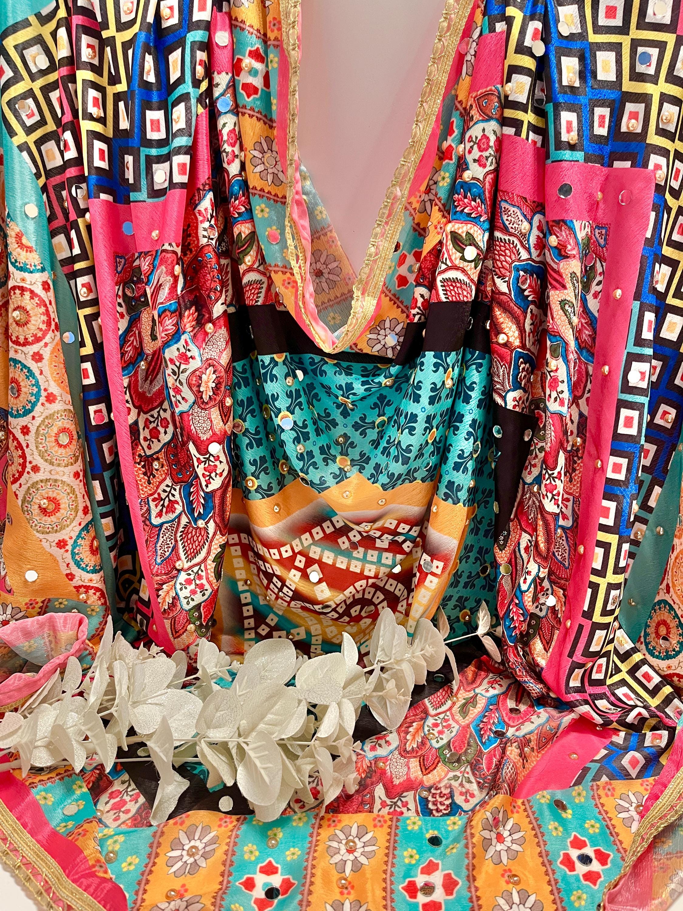 Multicoloured Mirrored and Pearl Printed Pakistani Silk Dupatta, Ladies Scarf, Indian Attire, Punjabi Chunni