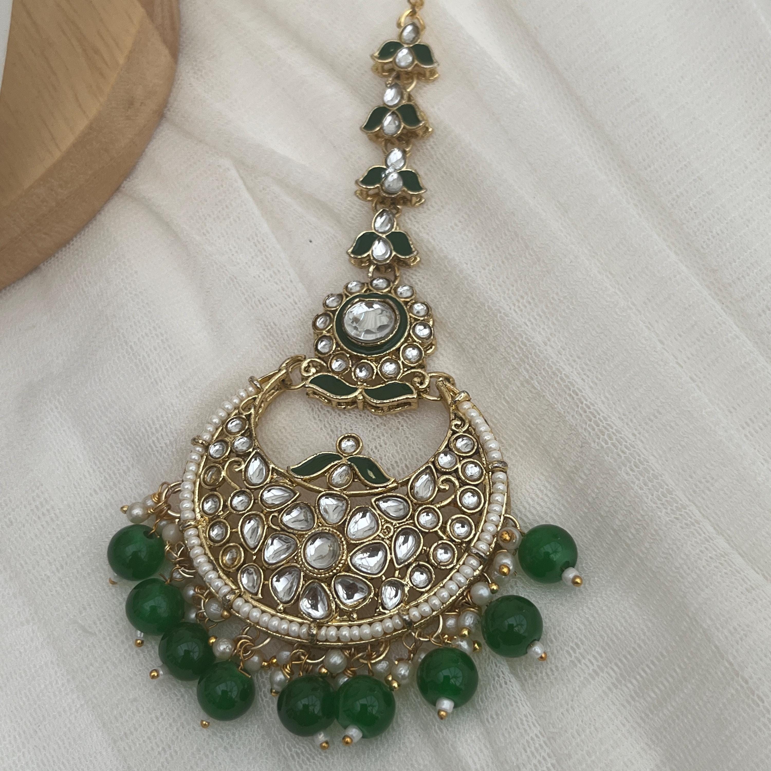 Beautiful Indian Jewellery/Green Beaded Kundan Choker Set/Tikka and Earrings/Indian Bridal Sets/Bollywood/Pakistani Jewellery