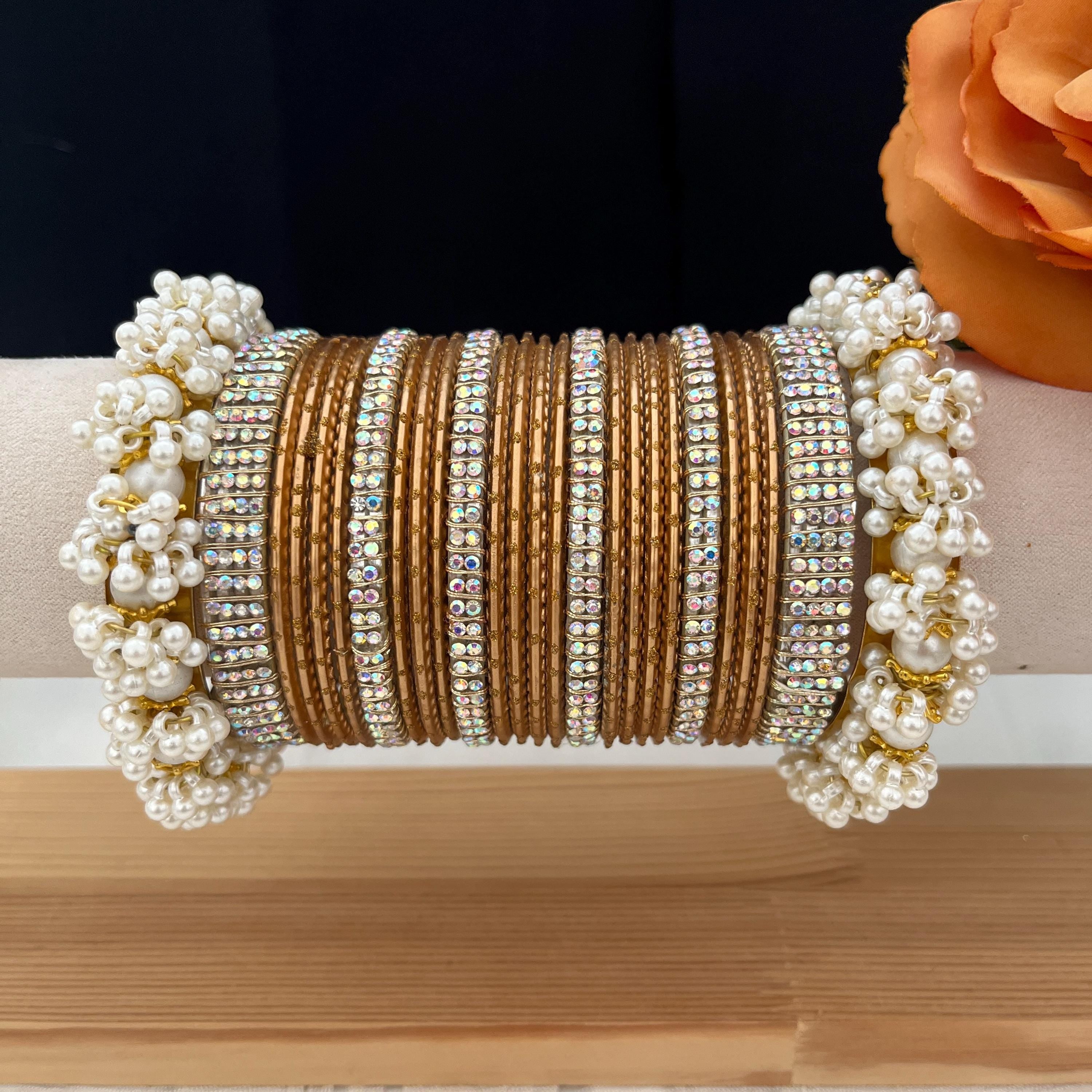 Antique Gold Indian Bangles Set: Pearl & Stone Kade, Handmade