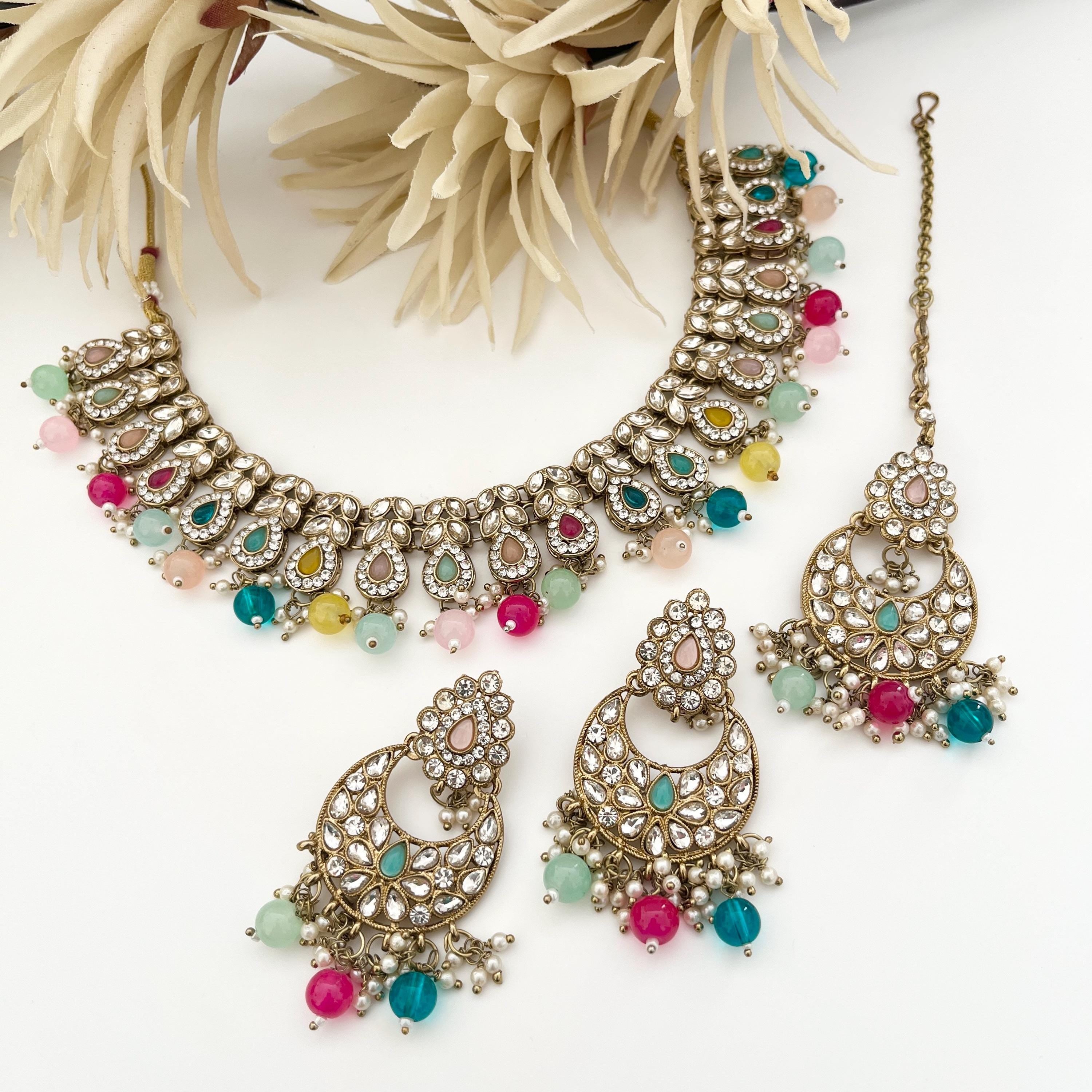 Imitation Jewellery Set Gold Multicoloured Stones Pearls Choker Tikka Earrings Set