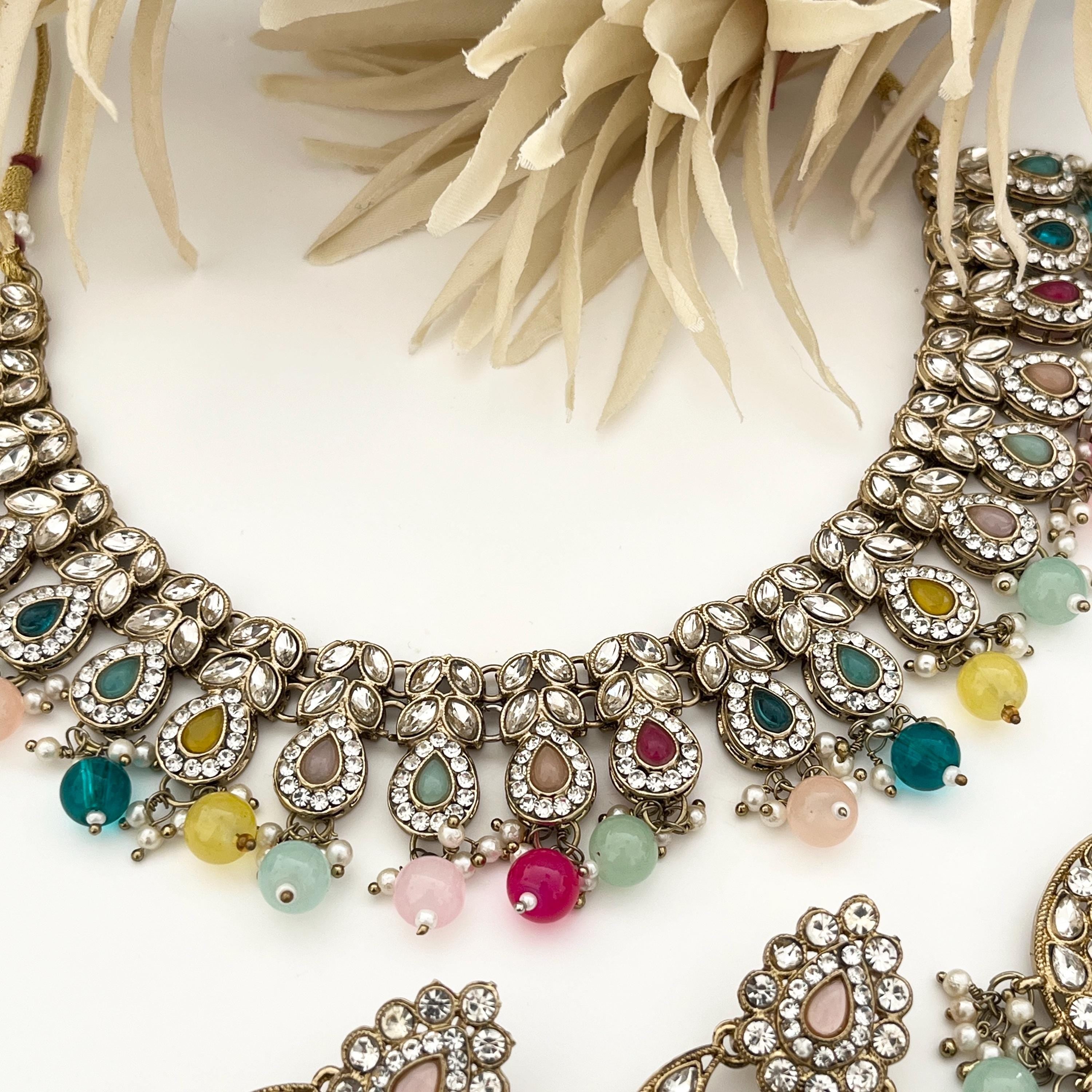 Imitation Jewellery Set Gold Multicoloured Stones Pearls Choker Tikka Earrings Set