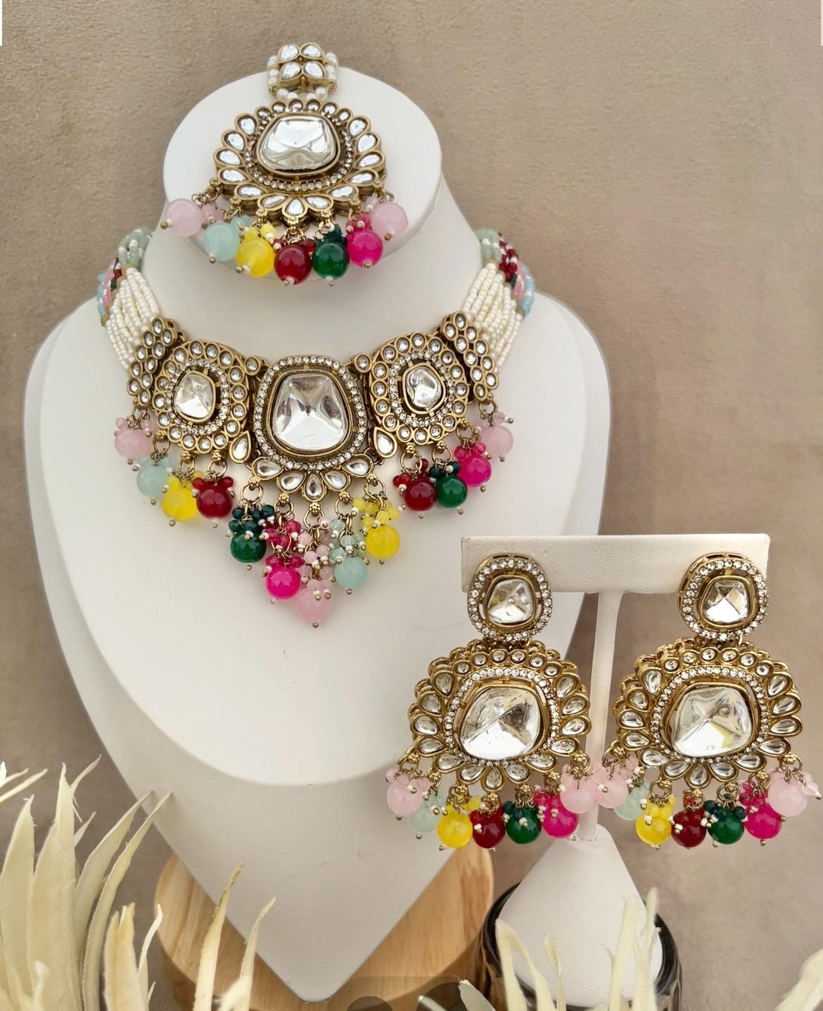 Kundan Choker Set: Indian Bridal Jewelry with Tikka & Earrings, Multicoloured Indian Jewellery