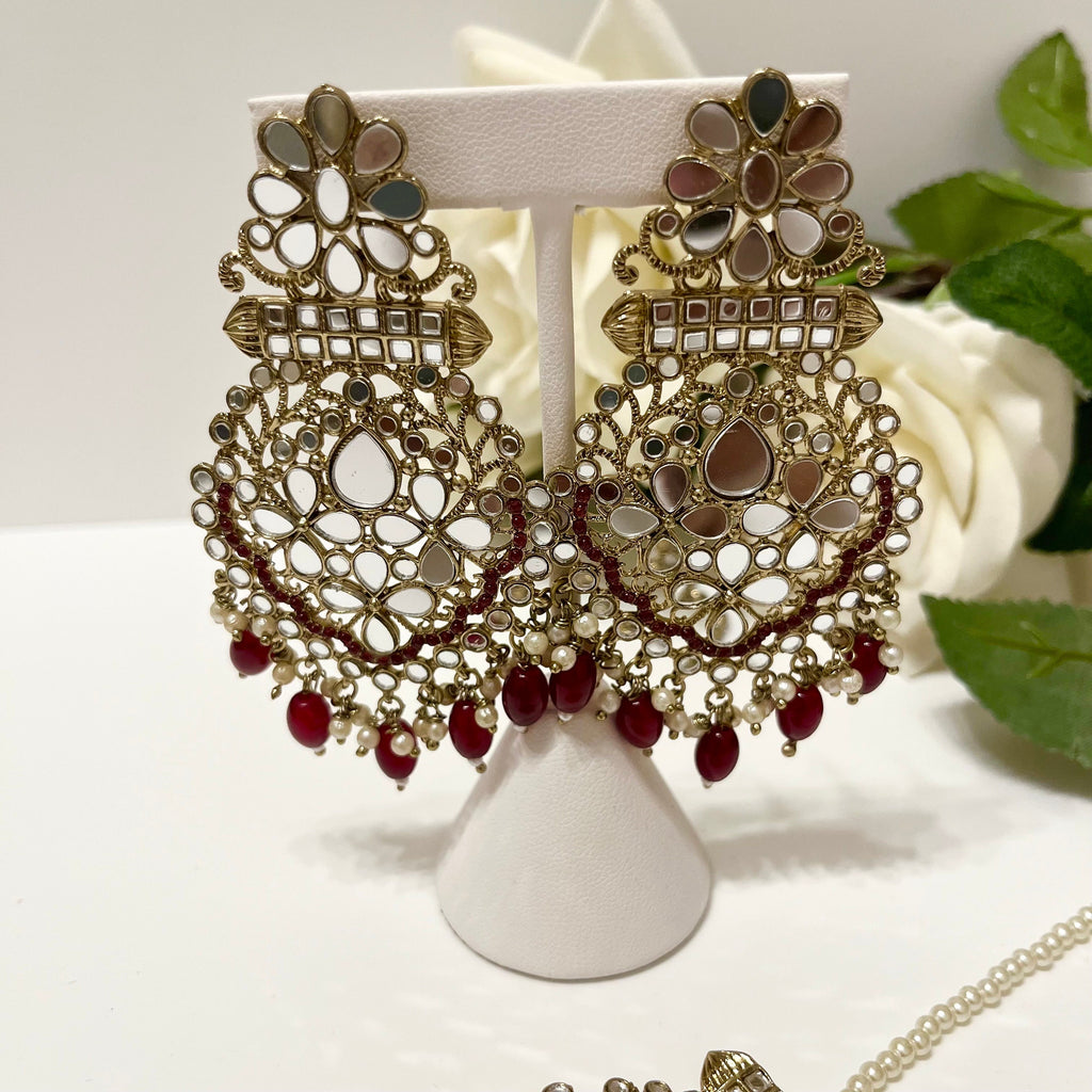 New Indian Jewelry Bollywood Mirror Jewellery Drop Earrings and Tikka Lovely Style burgandy/gold