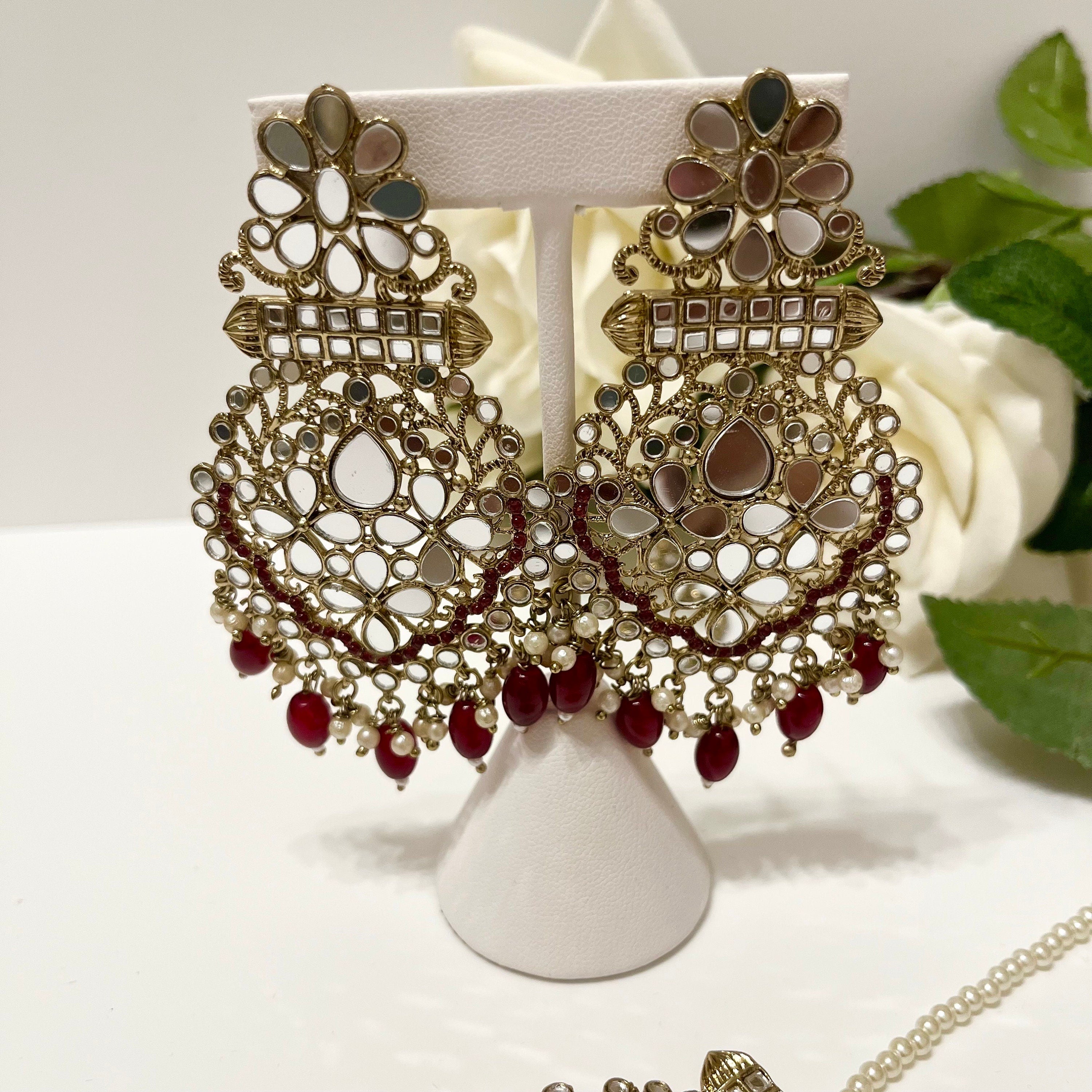 New Indian Jewelry Bollywood Mirror Jewellery Drop Earrings and Tikka Lovely Style burgandy/gold