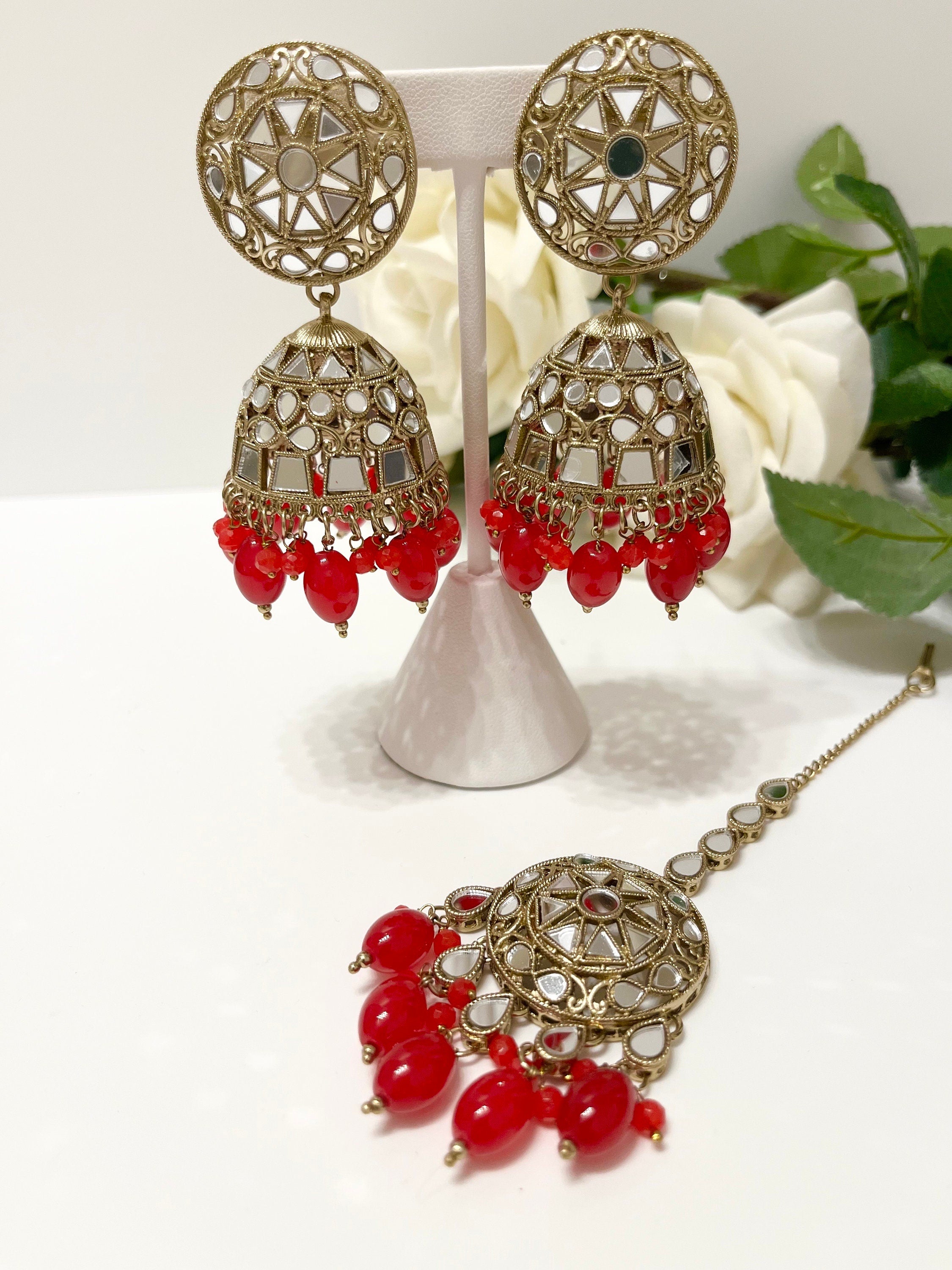 New Indian Bollywood Mirror Jewellery Drop Earrings and Tikka Lovely Style Burgundy Gold Set