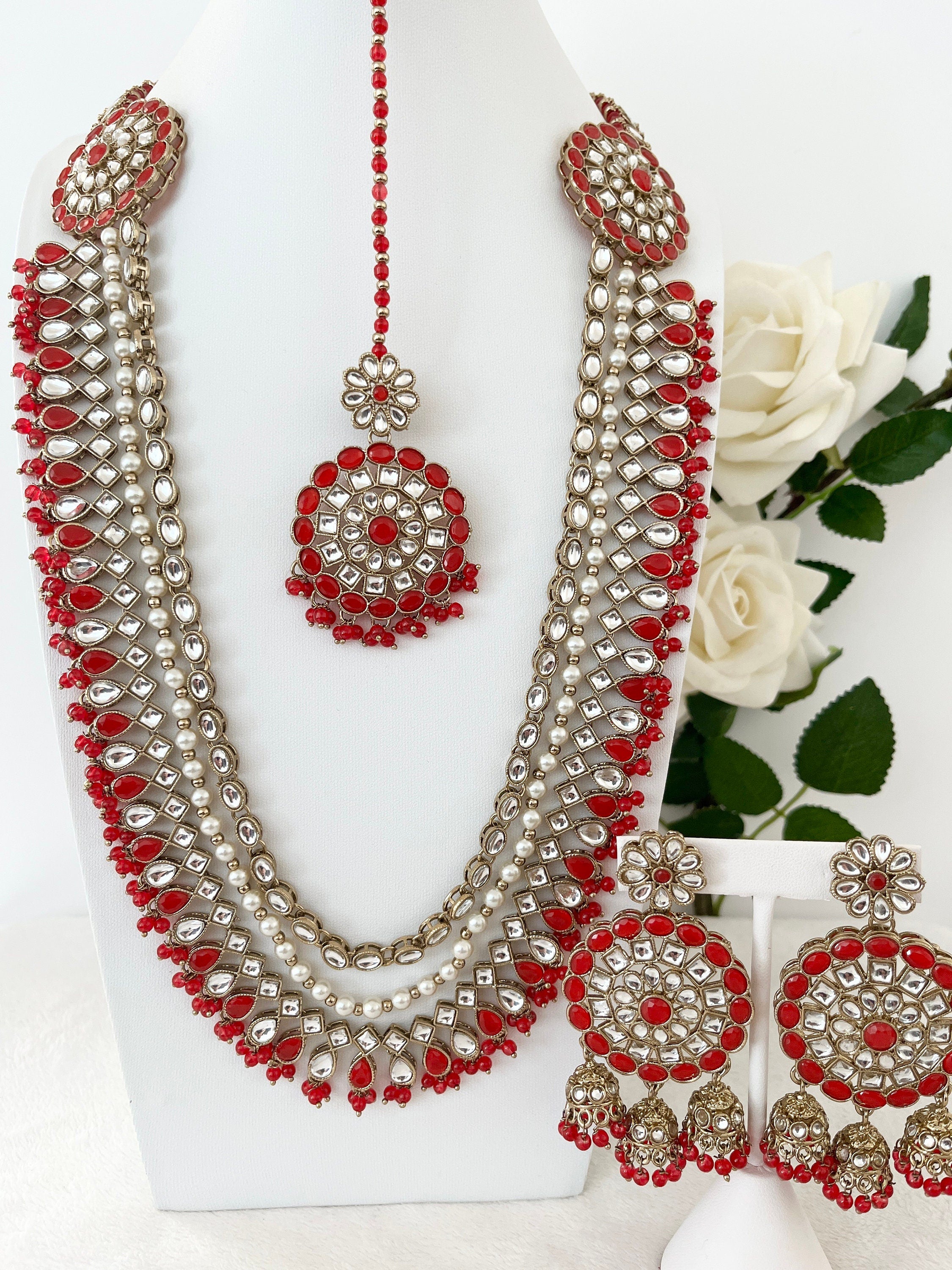 Imitation Long Kundan Necklace Raani Haar with Tikka Earrings Red and Gold