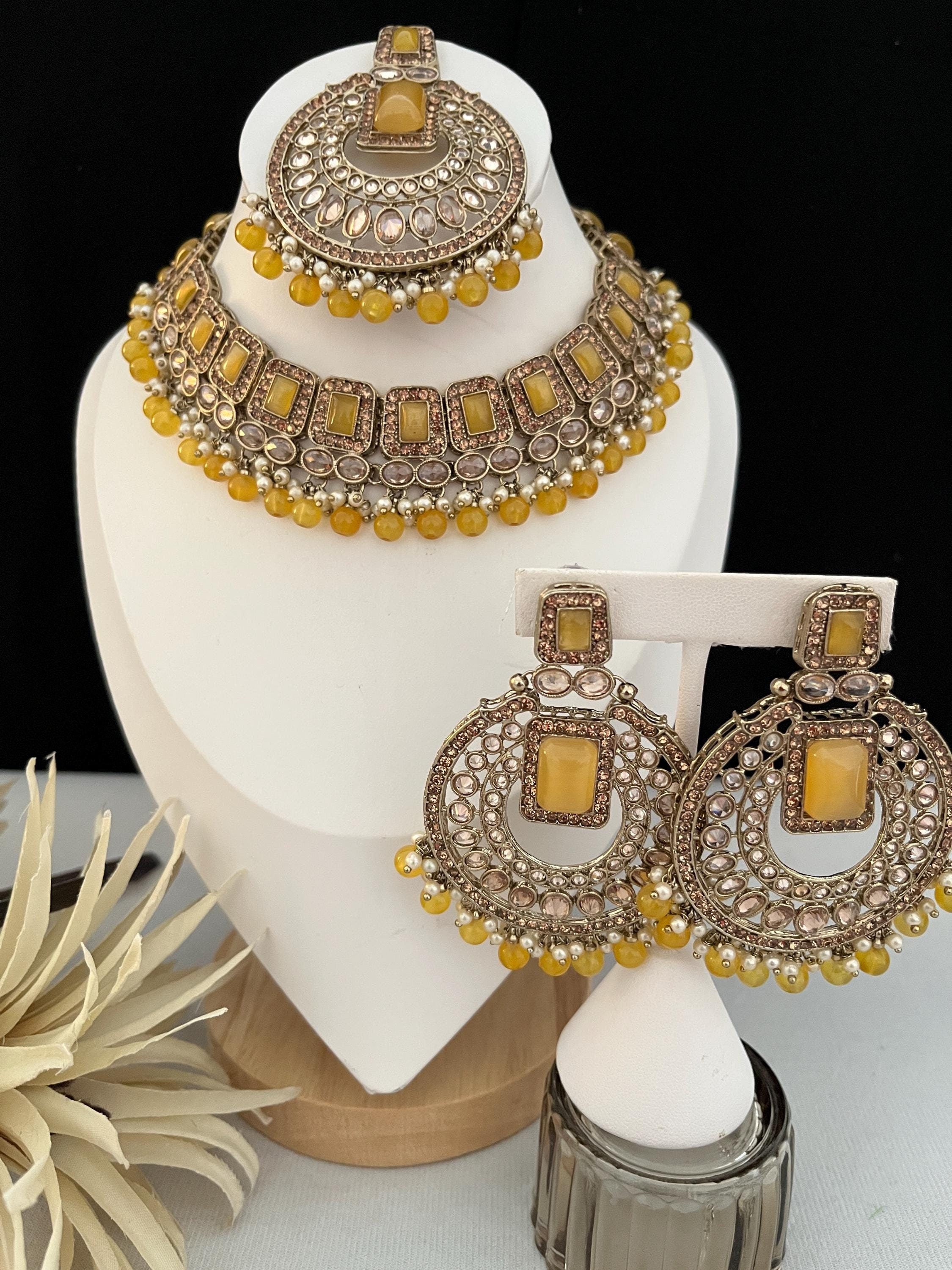 Imitation Indian Jewellery Sets Polki Stones Yellow Beads Pakistani Jewellery