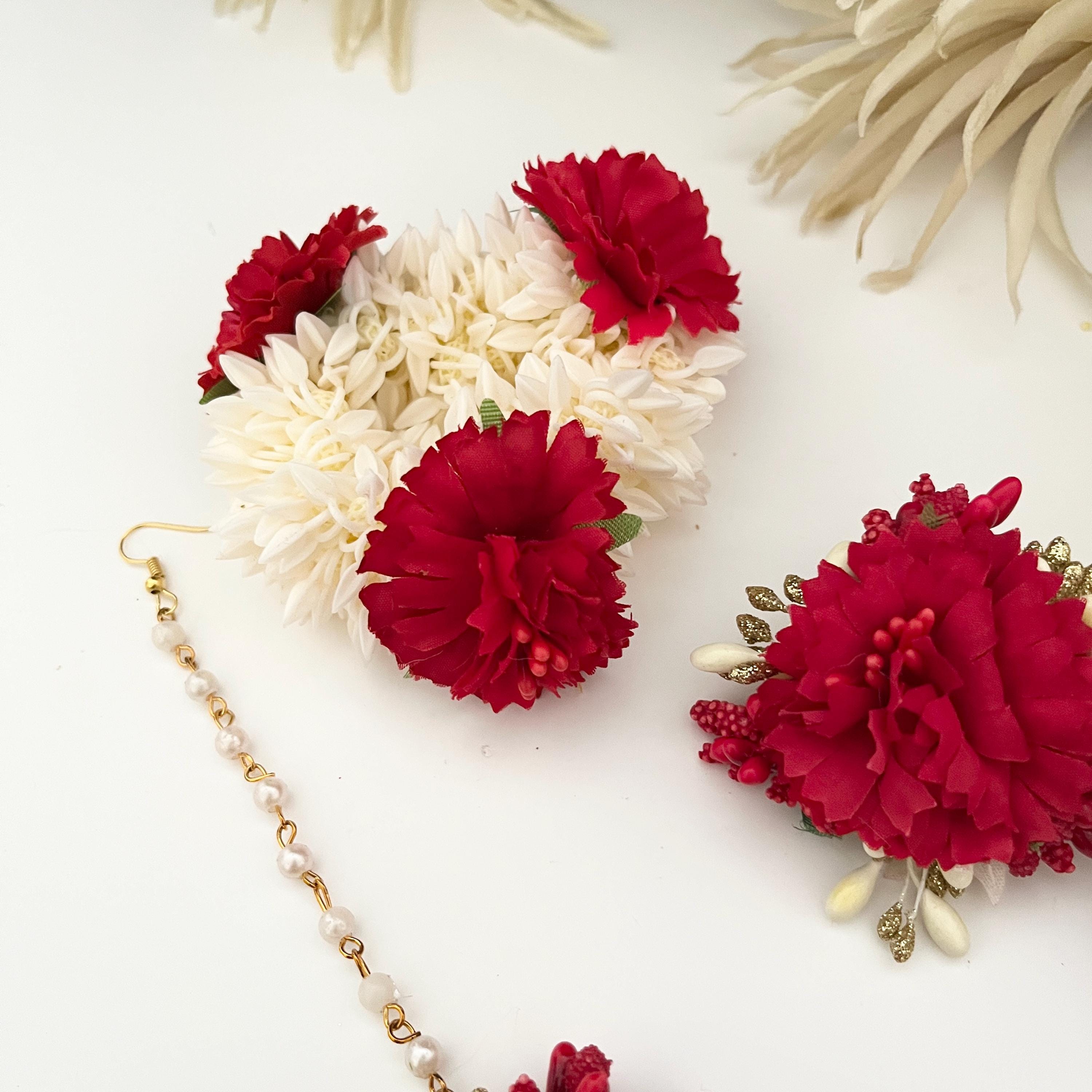 Handcrafted Haldi Mehndi Flower Jewelry Set: Tikka, Earrings, Hair Gajra