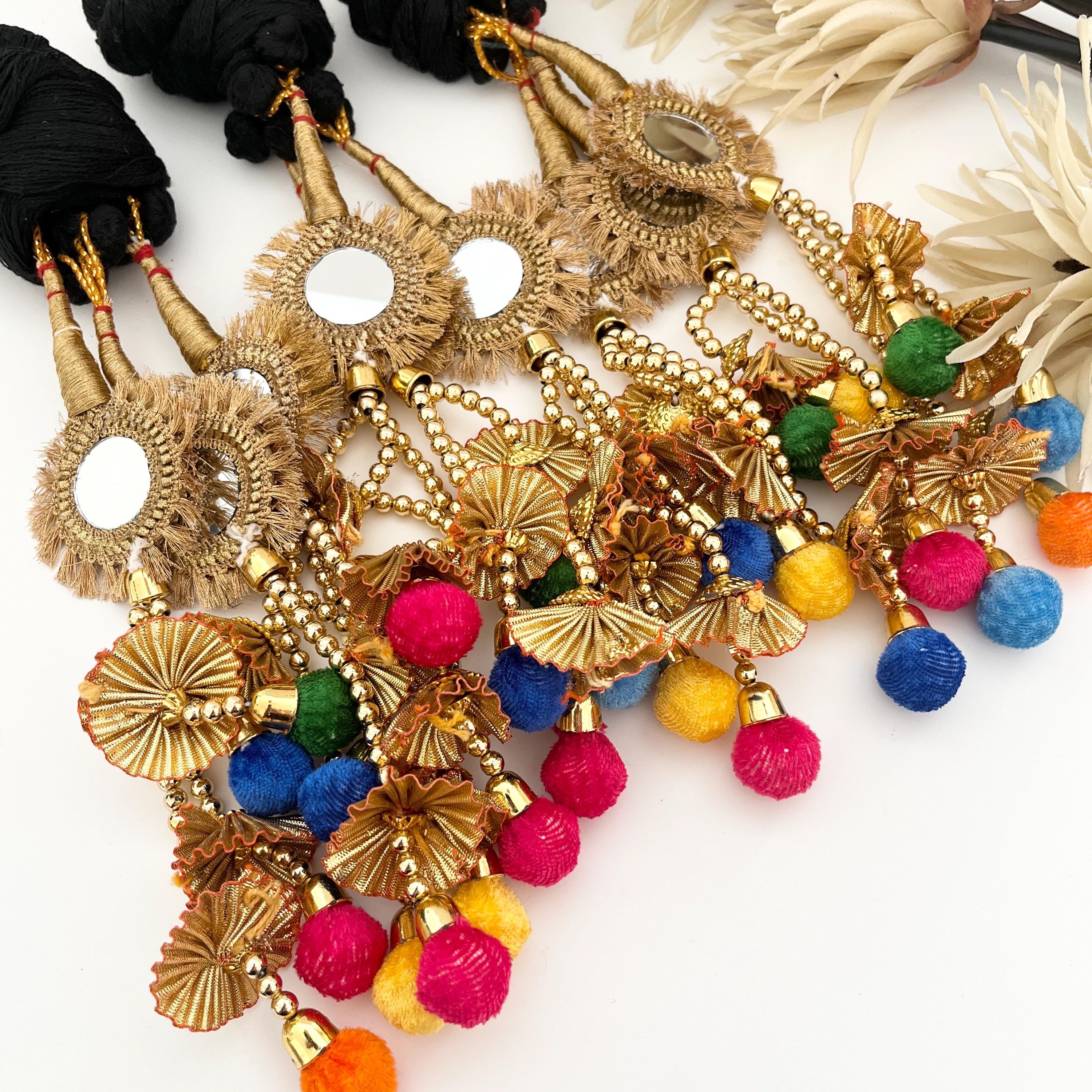 Paranda, Prandi, Latkans, Punjabi Mirror Hanging Latkans,  Punjabi Themed Weddings Phulkari Patiala Sangeet Mehendi Maiyoon, Hair Accessorie