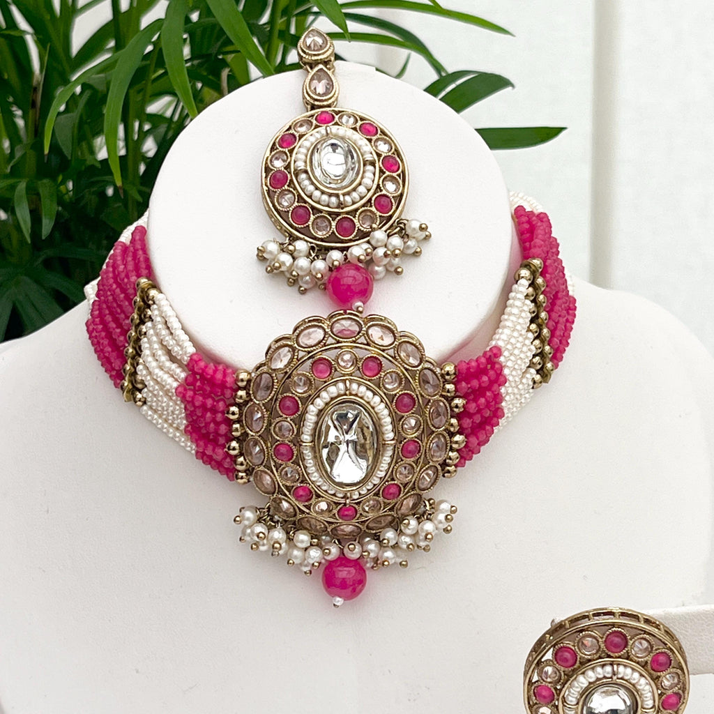 Indian Jewellery/Choker Sets/Tikka and Earrings/ Bollywood/Pakistani Jewellery/Pink Jewellery