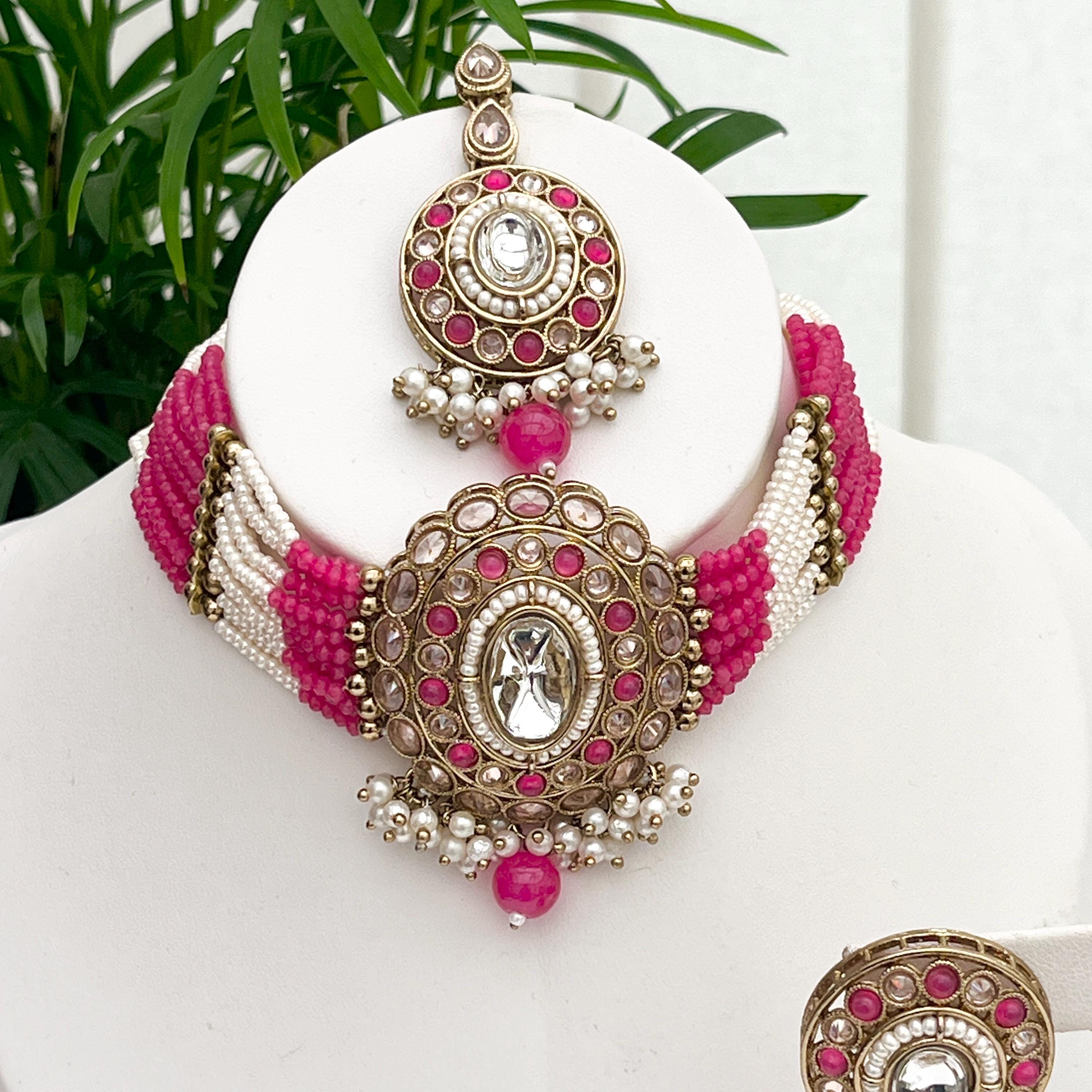 Indian Jewellery/Choker Sets/Tikka and Earrings/ Bollywood/Pakistani Jewellery/Pink Jewellery