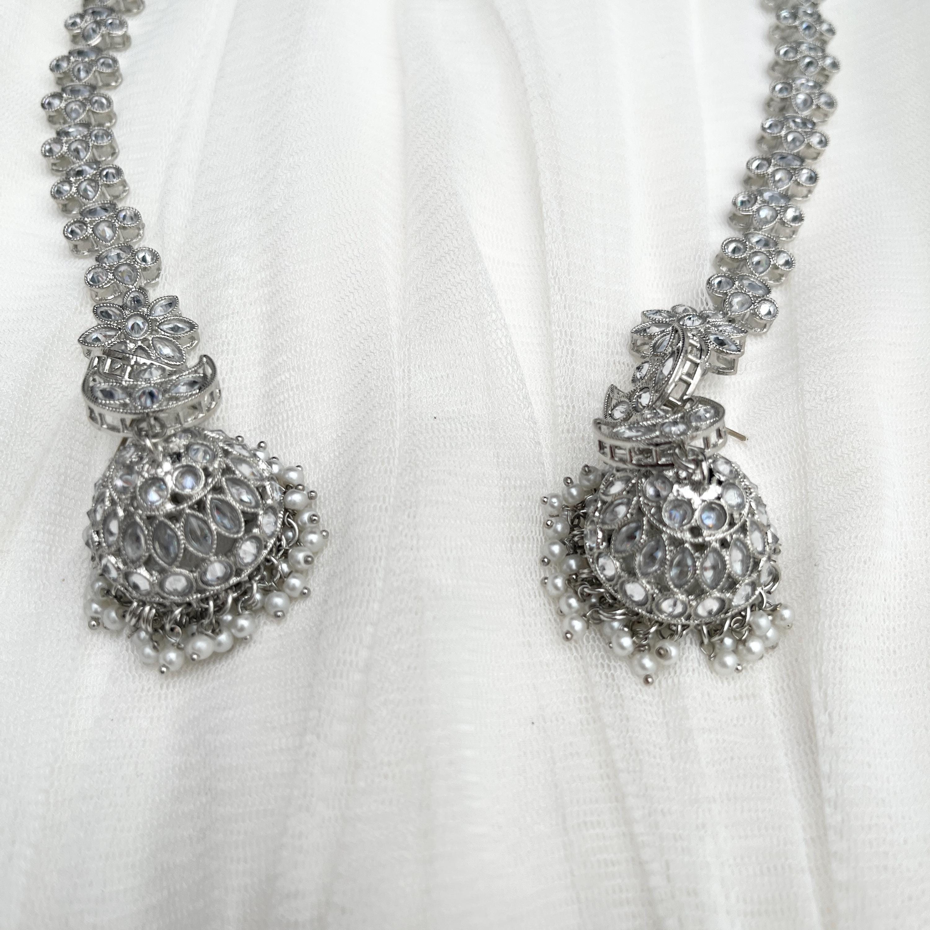 Sheeshphool with Earrings, Polki Sheeshpool, Jhumka Earrings, Indian Head Accessories, Mathat Patti, Bridal Jewelry, Silver Earrings