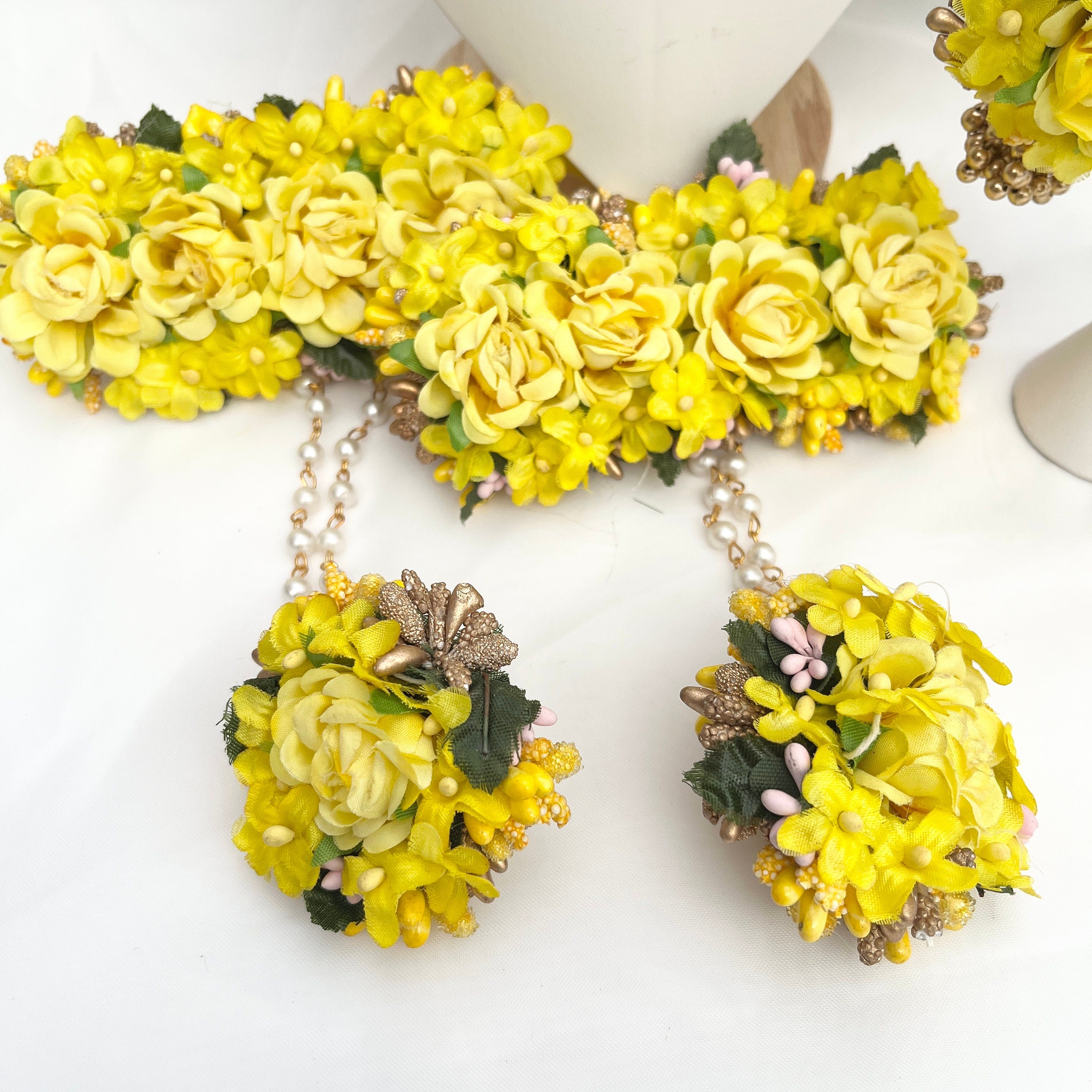 Yellow Floral Indian Bridal Jewelry Set: Haldi Maiyan Wedding Accessory