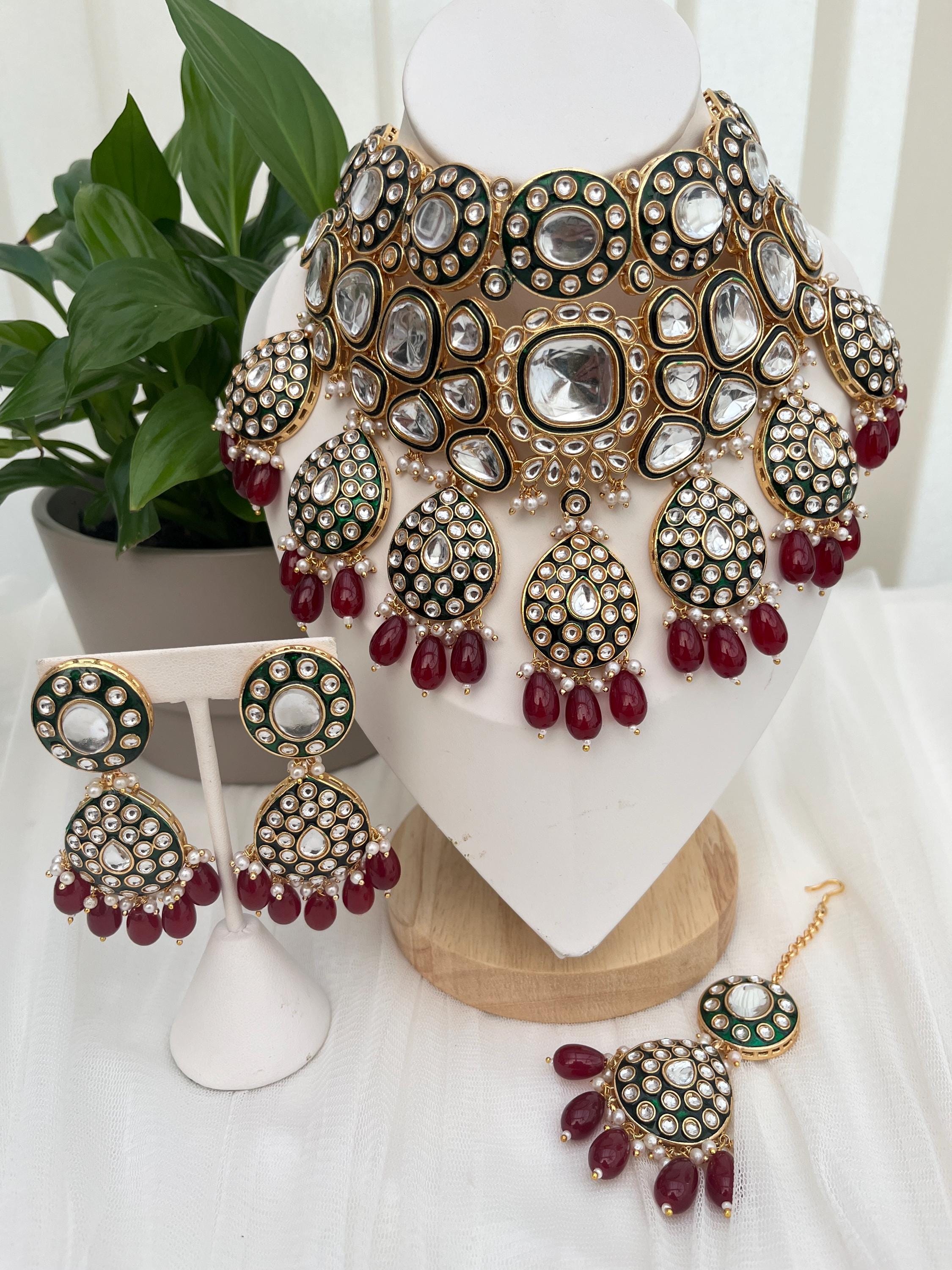 Indian Jewellery/ Red Kundan Choker Set/Tikka and Earrings/Indian Bridal Sets/Bollywood/Pakistani Jewellery