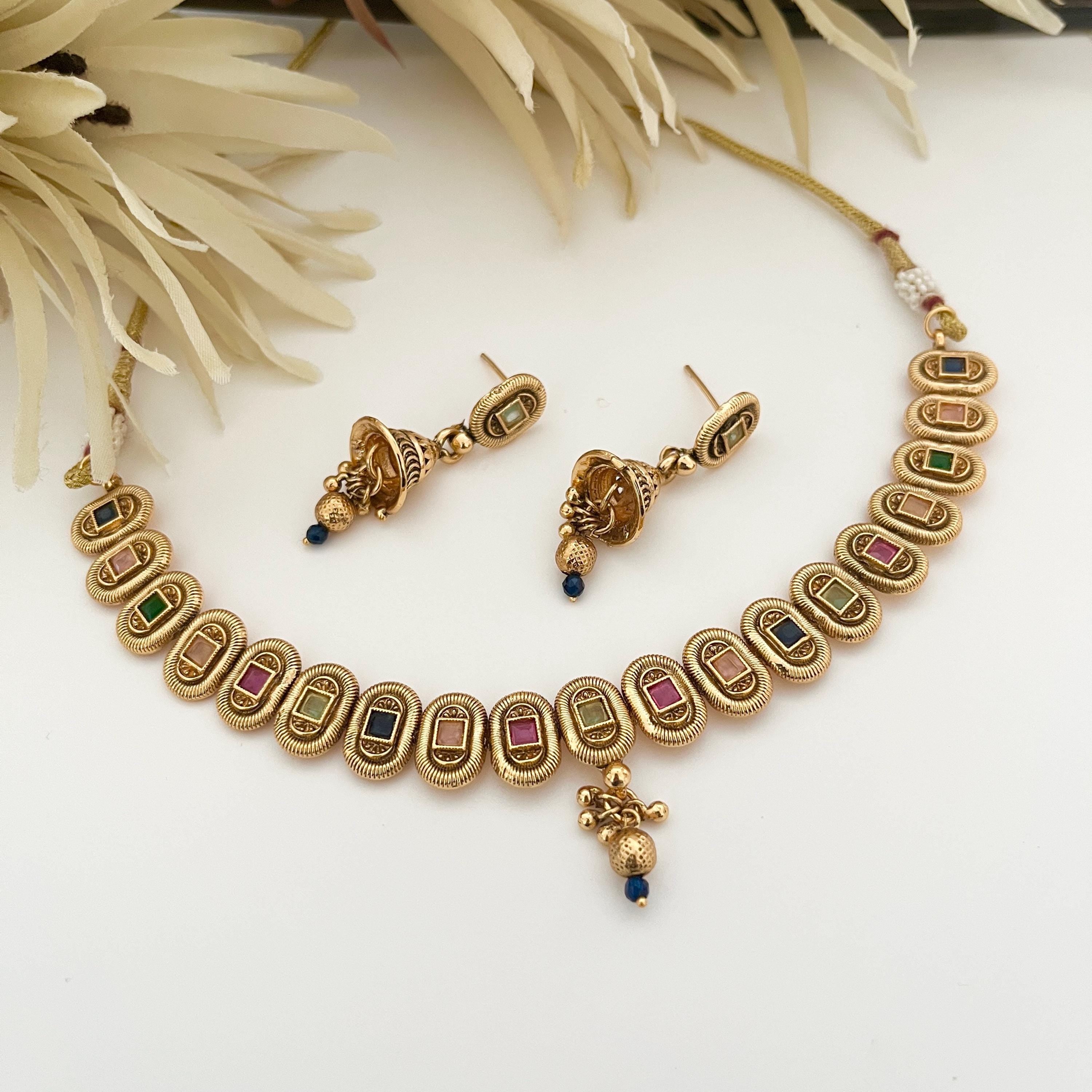 Gold Plated Indian Choker Necklace & Earrings Set: Polki Stone Temple Jewelry