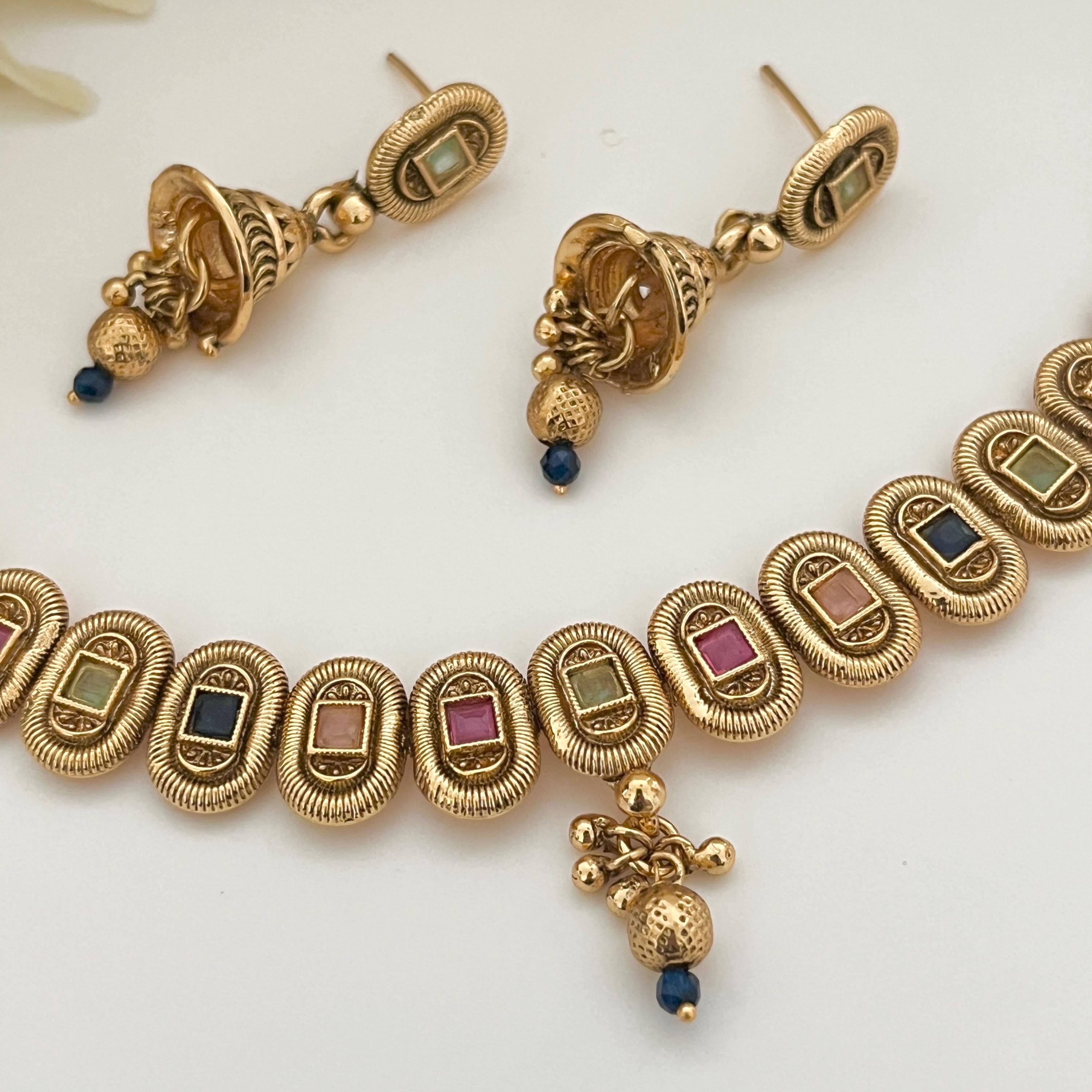 Gold Plated Indian Choker Necklace & Earrings Set: Polki Stone Temple Jewelry