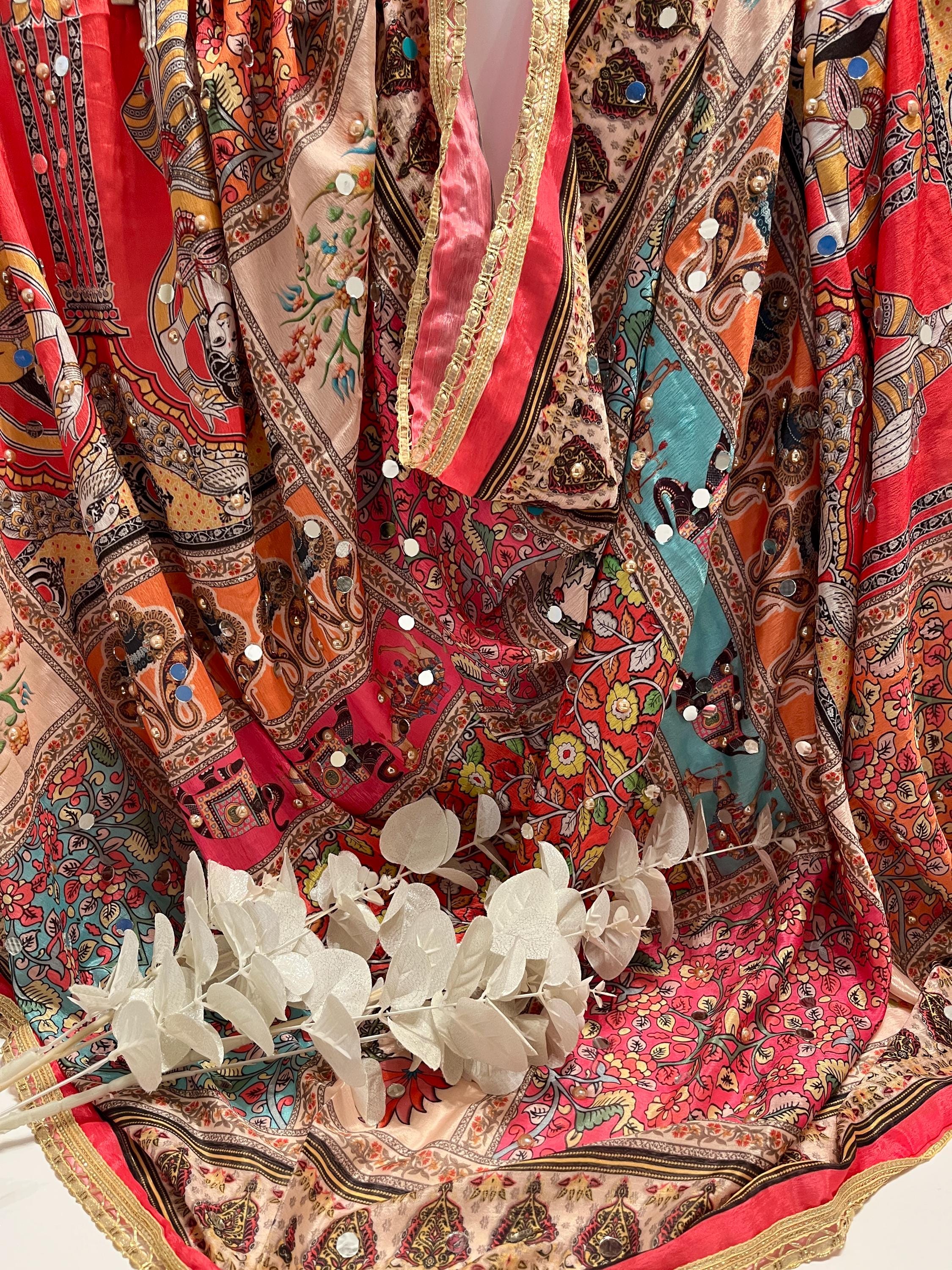 Multicoloured Mirrored and Pearl Printed Pakistani Silk Dupatta, Ladies Scarf, Indian Attire, Punjabi Chunni