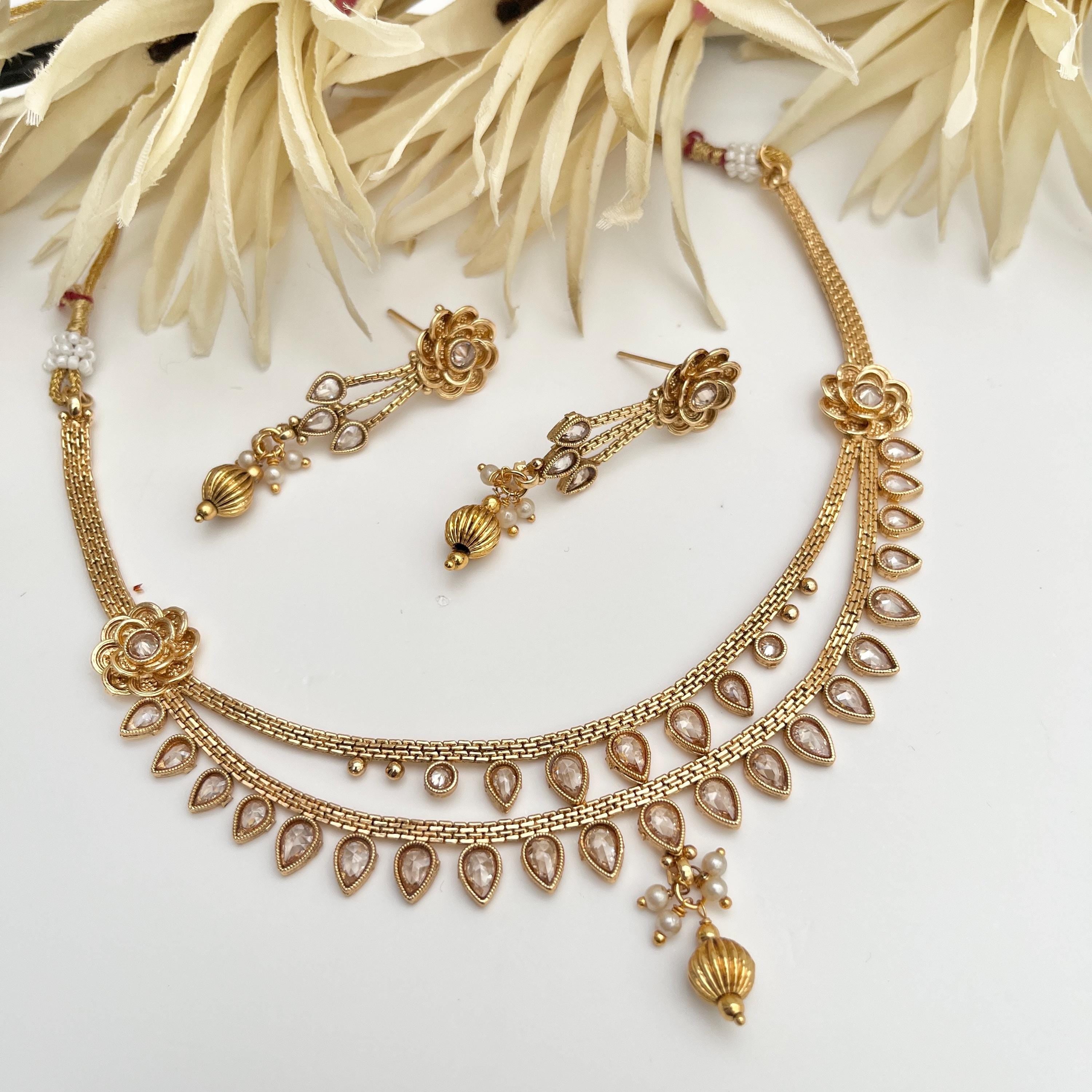 Gold Plated Polki Jewelry Set: Temple Design Necklace & Earrings