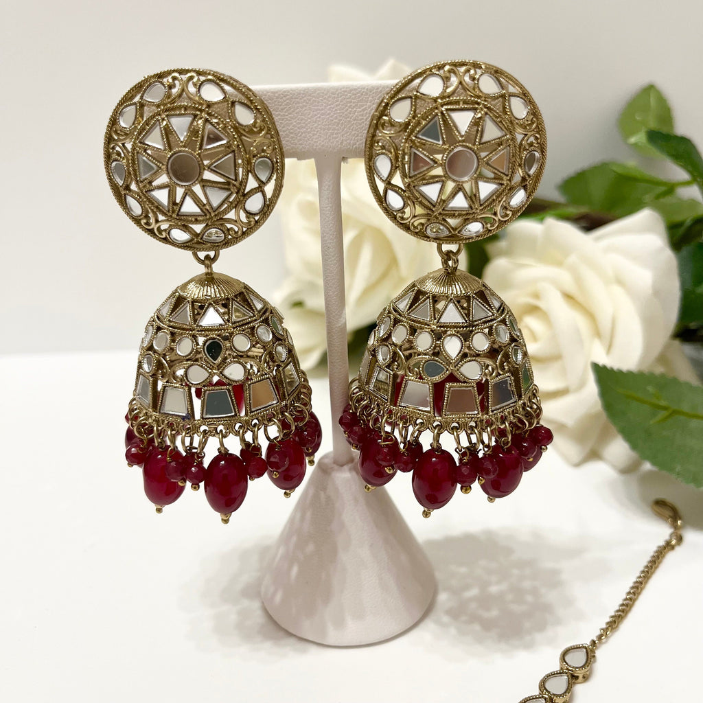New Indian Bollywood Mirror Jewellery Drop Earrings and Tikka Lovely Style Burgundy Gold Set