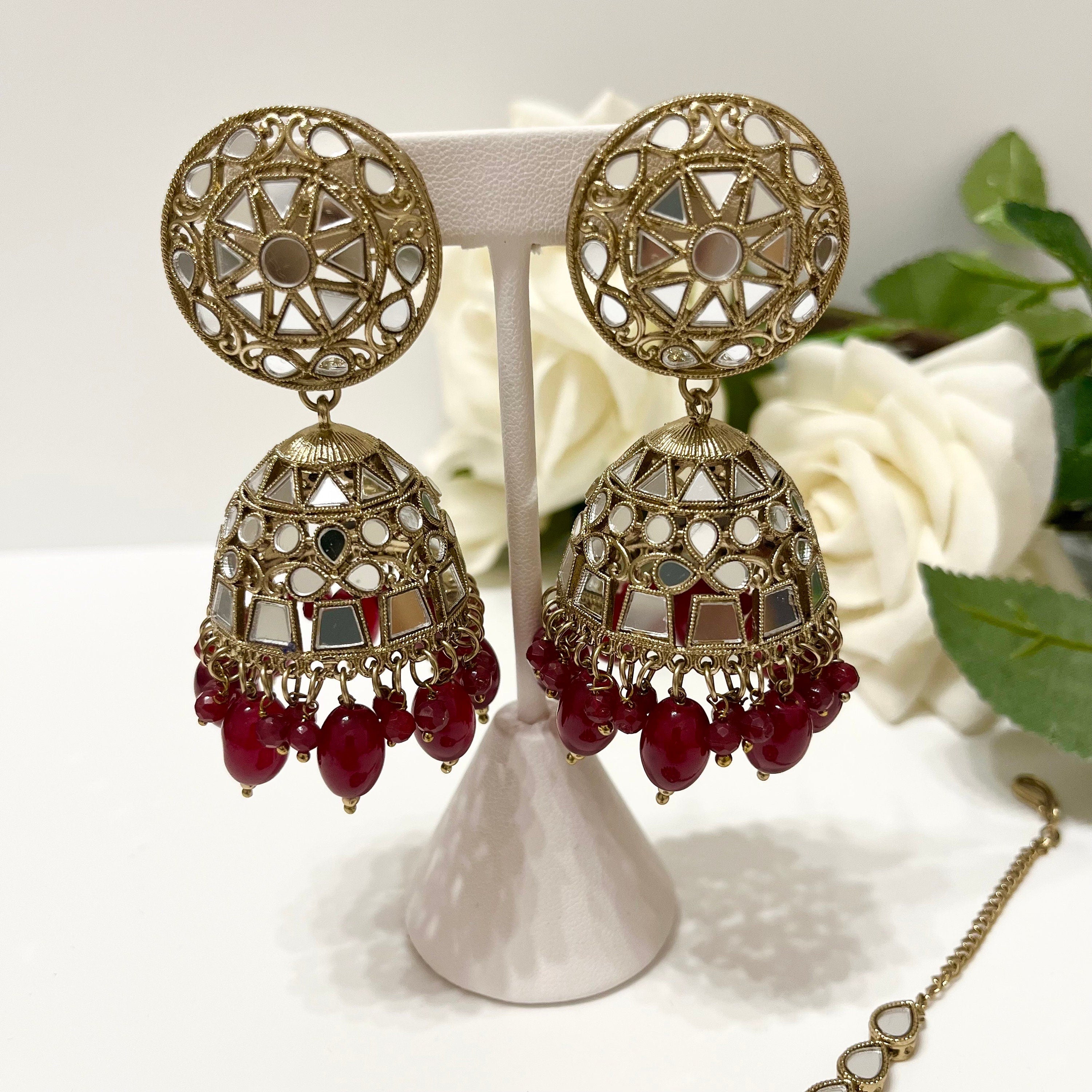New Indian Bollywood Mirror Jewellery Drop Earrings and Tikka Lovely Style Burgundy Gold Set