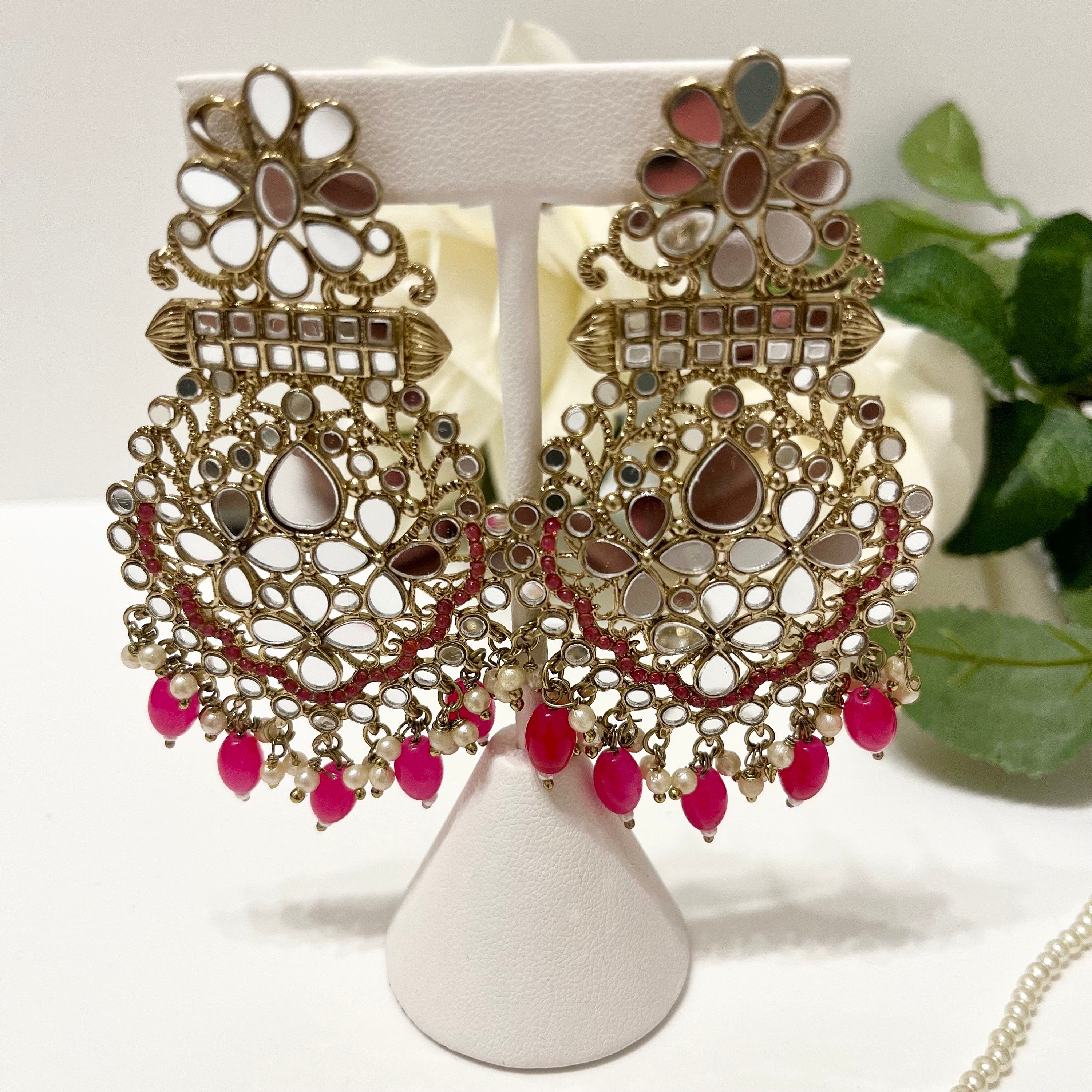 New Indian Bollywood Mirror Jewellery Drop Earrings and Tikka Lovely Style Hot Pink Gold Set