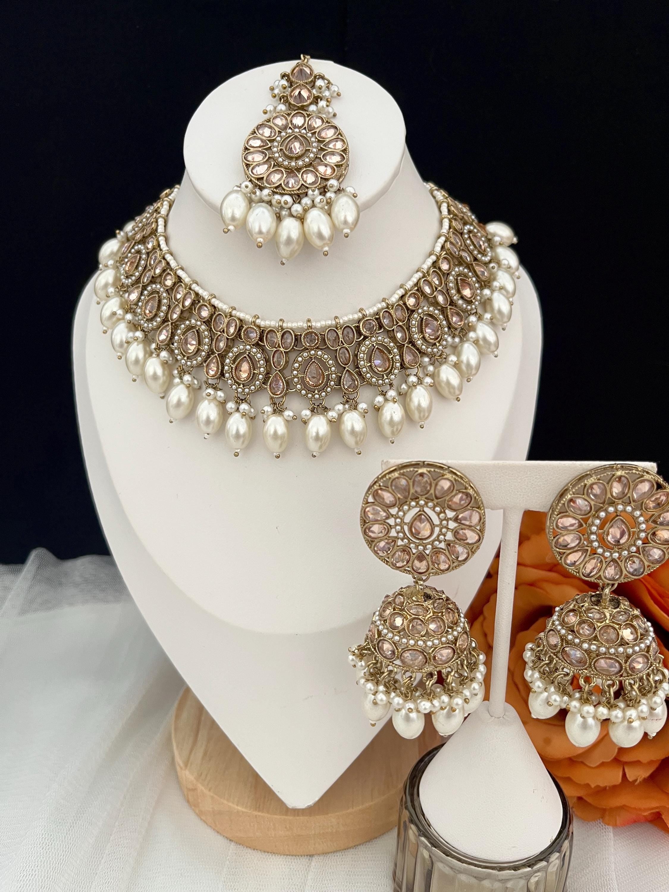 Polki Choker Necklace Set: Indian Bridal Jewelry, Tikka & Earrings