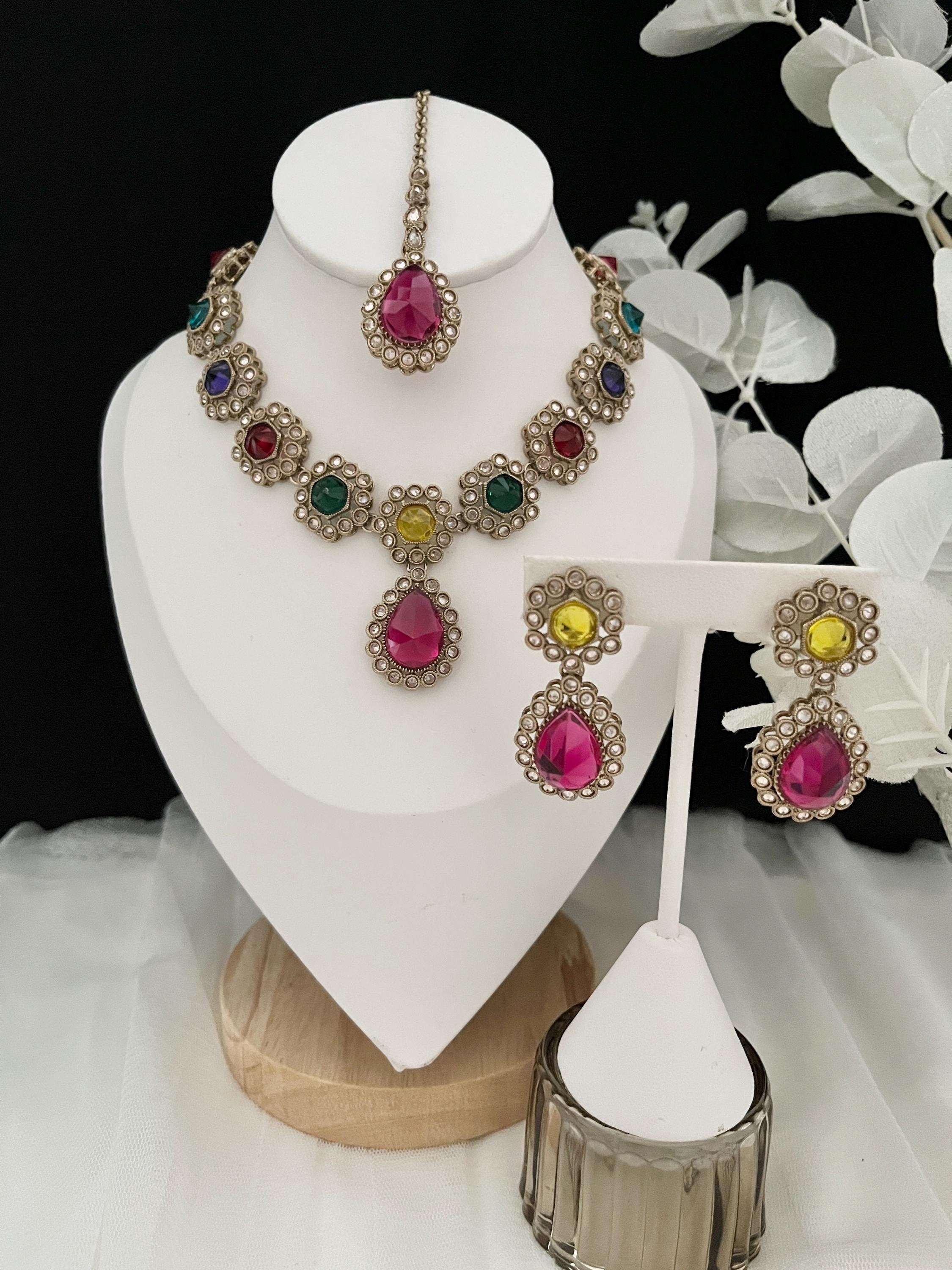 Indian Jewellery, Choker Polki Necklace, Indian Bridal Sets, Pakistani Jewellery, Bollywood, Silver Jewellery, Tikka Earrings Set
