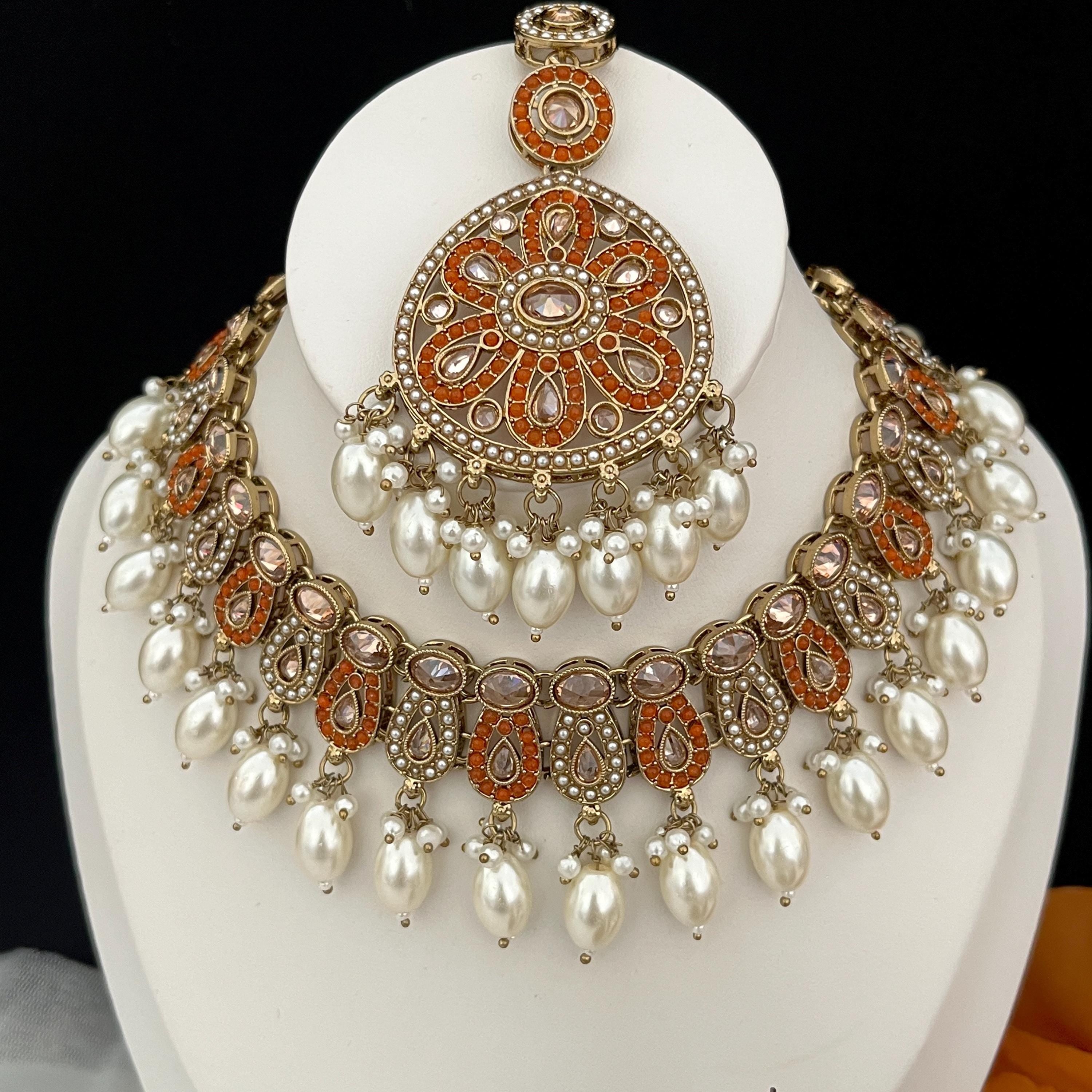 Polki Choker Necklace Set: Orange Indian Bridal Jewelry