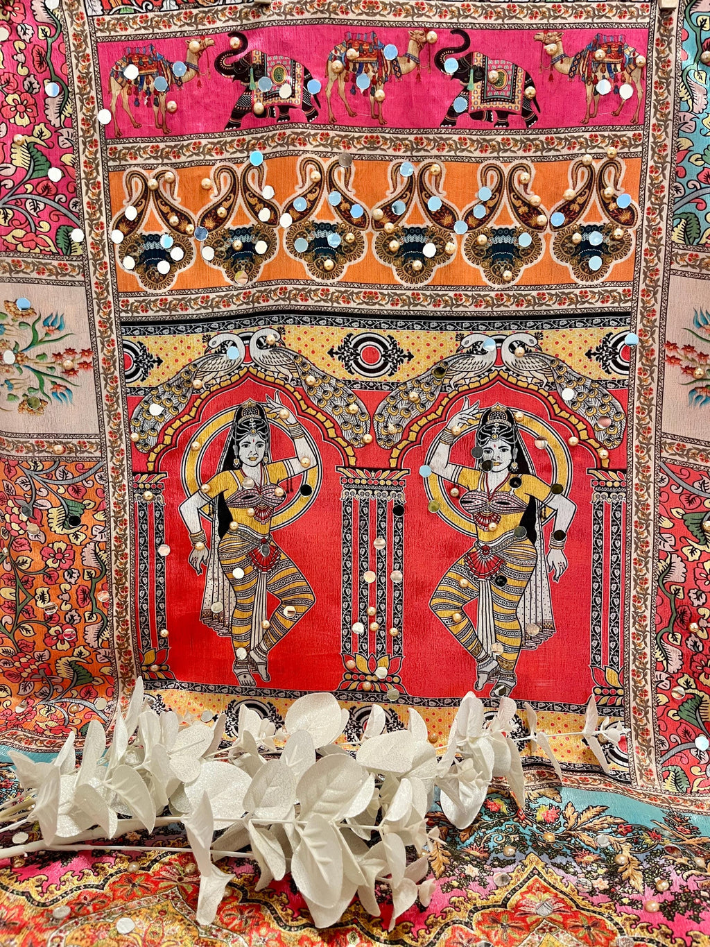 Multicoloured Mirrored and Pearl Printed Pakistani Silk Dupatta, Ladies Scarf, Indian Attire, Punjabi Chunni