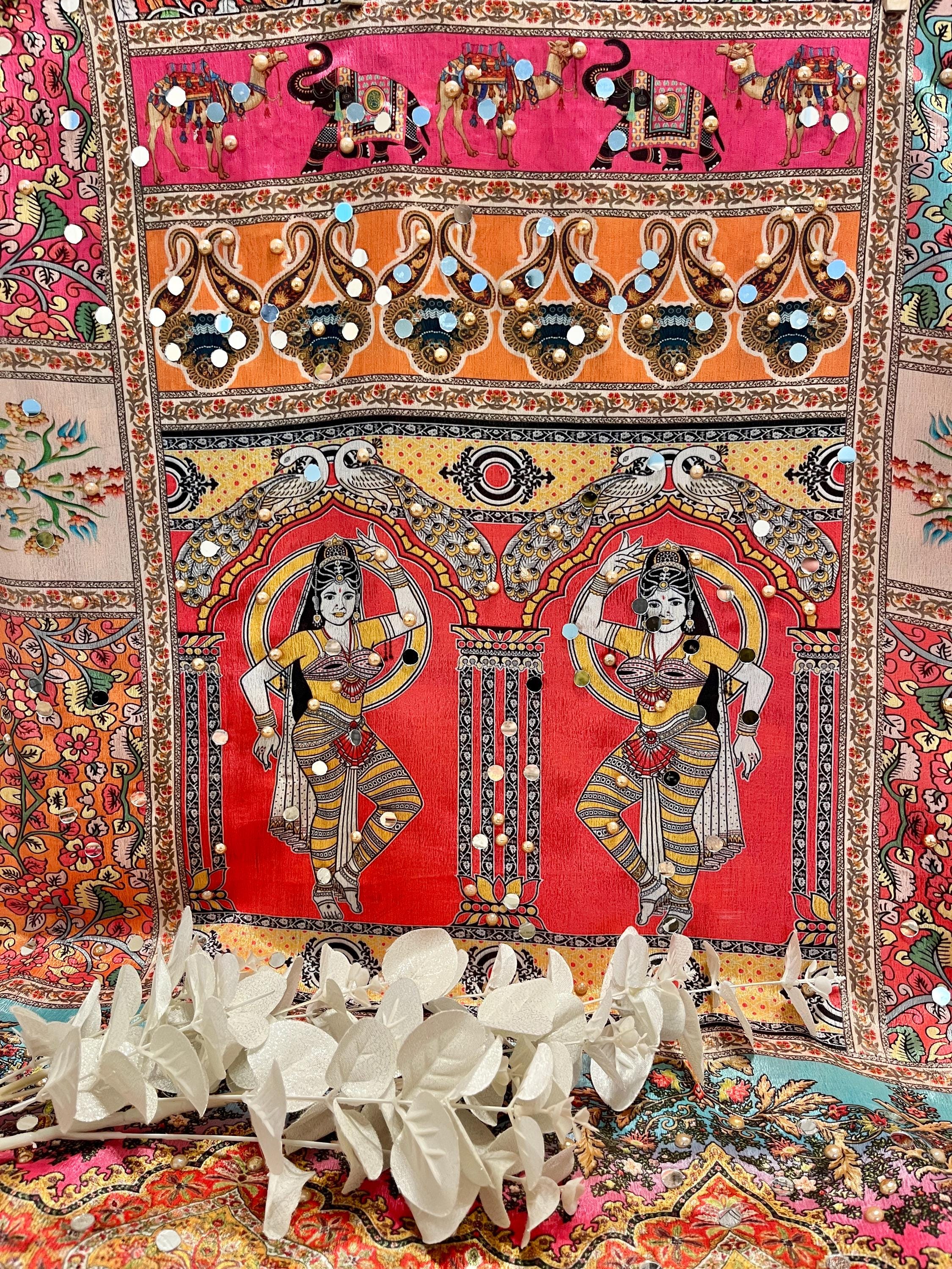 Multicoloured Mirrored and Pearl Printed Pakistani Silk Dupatta, Ladies Scarf, Indian Attire, Punjabi Chunni