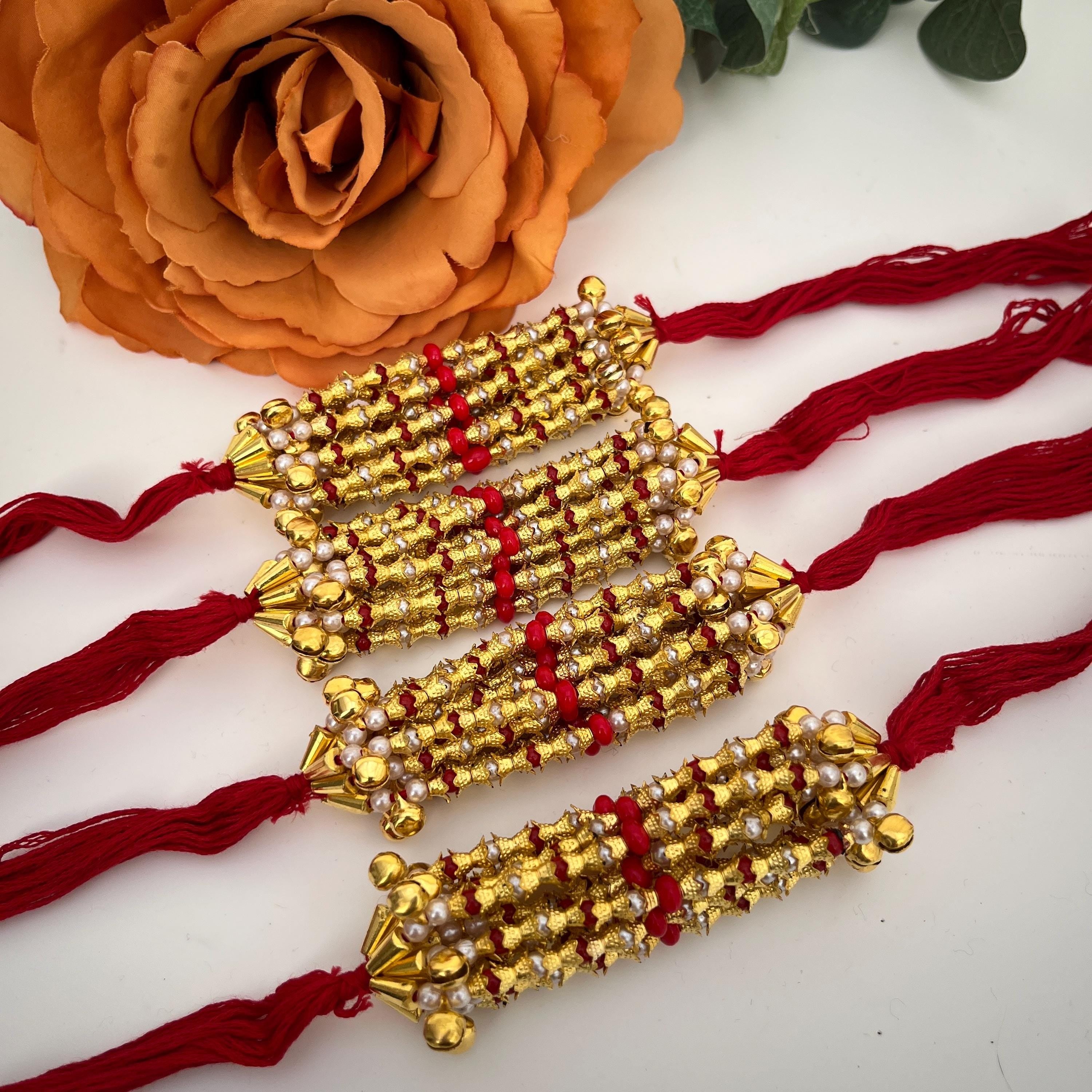 Indian Wedding Ganney: Red Cotton Thread, Gold Bells - Maiyan Ceremony (Set of 12)