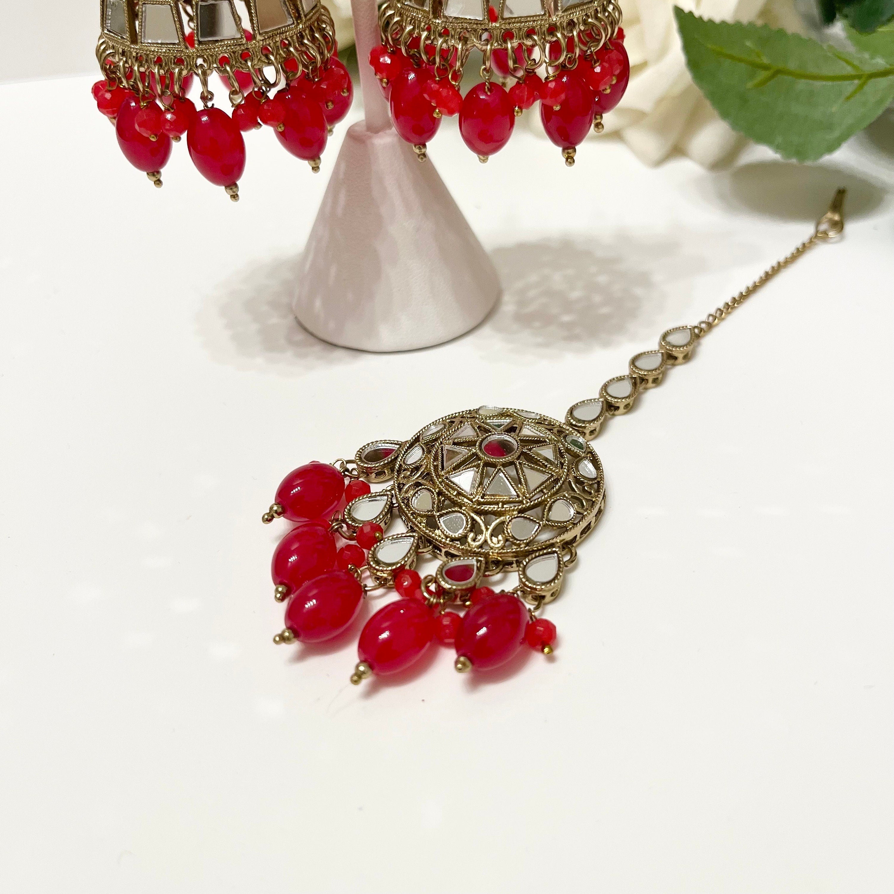 New Indian Bollywood Mirror Jewellery Drop Earrings and Tikka Lovely Style Burgundy Gold Set