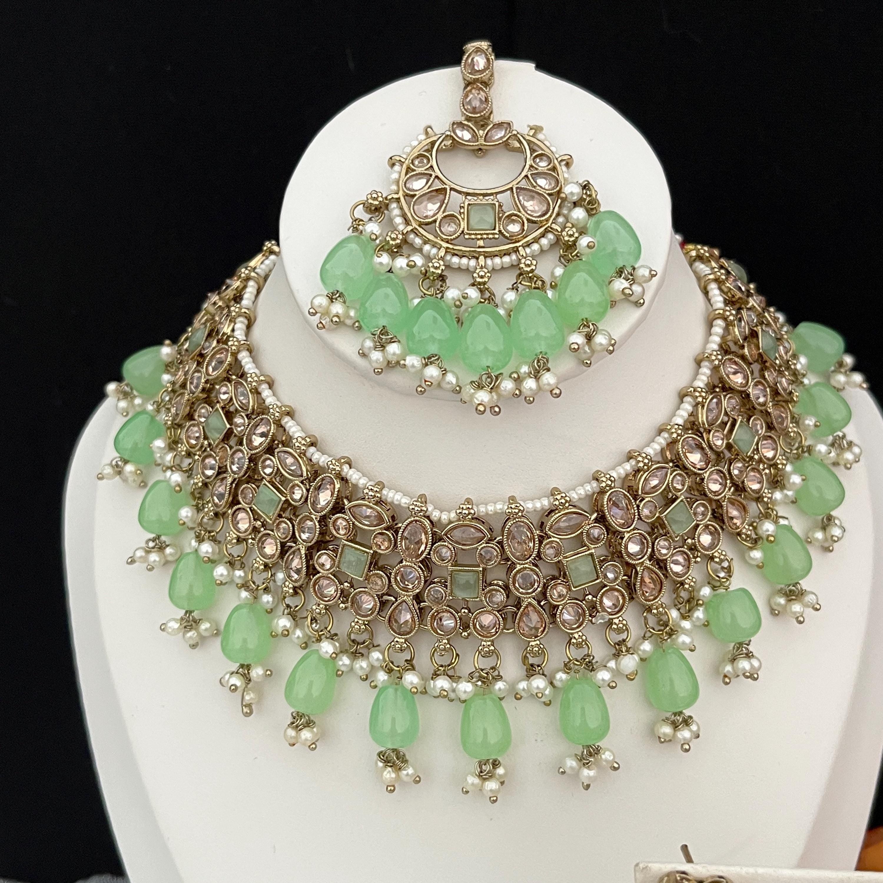 Indian Jewellery, Choker Polki Necklace, Indian Bridal Sets, Pakistani Jewellery, Bollywood/ Green choker Set