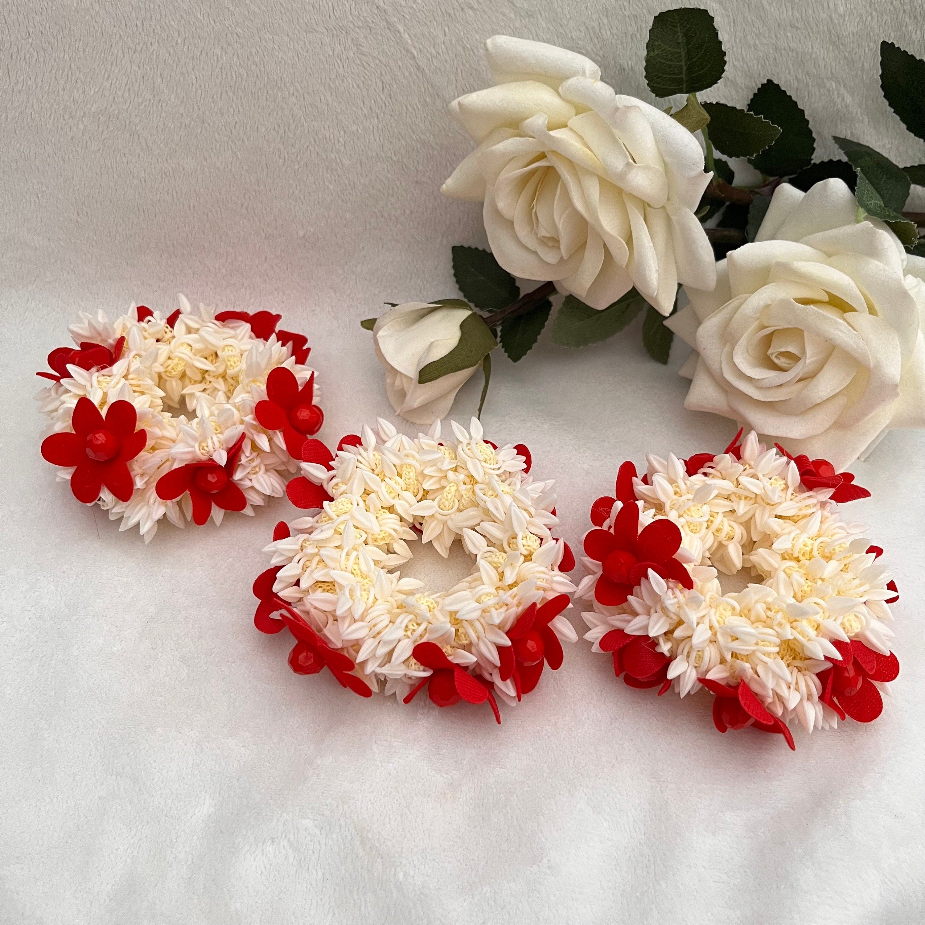 Jasmine Scented Floral Hair Tie/Gajra/Mogra Red Flowers