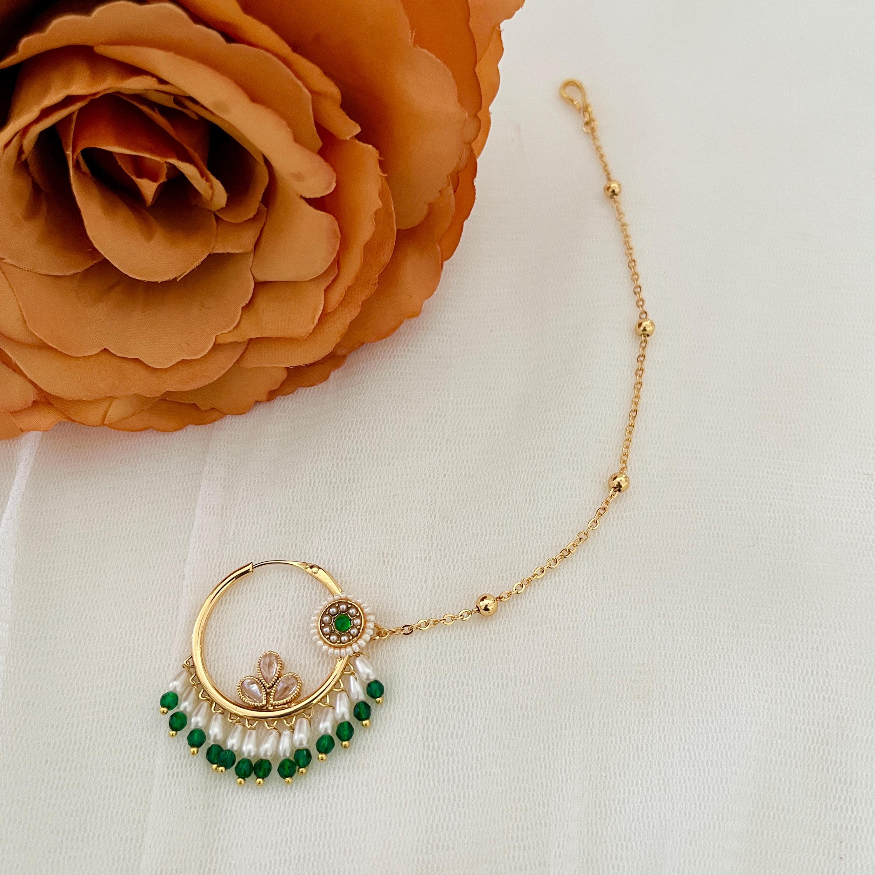 Handmade Gold Nath Nose Ring: Indian Bridal Jewelry with Green Pearls