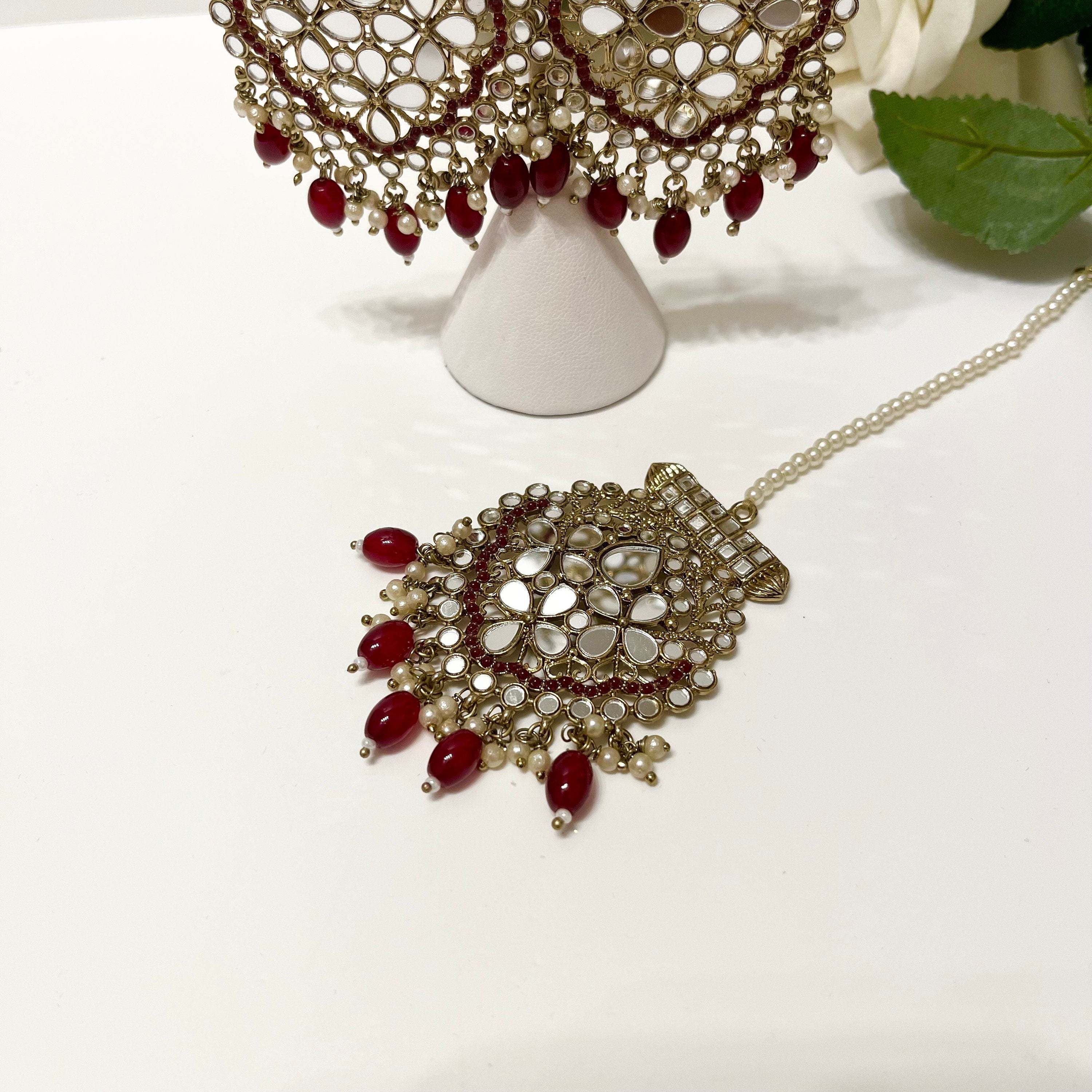 New Indian Jewelry Bollywood Mirror Jewellery Drop Earrings and Tikka Lovely Style burgandy/gold