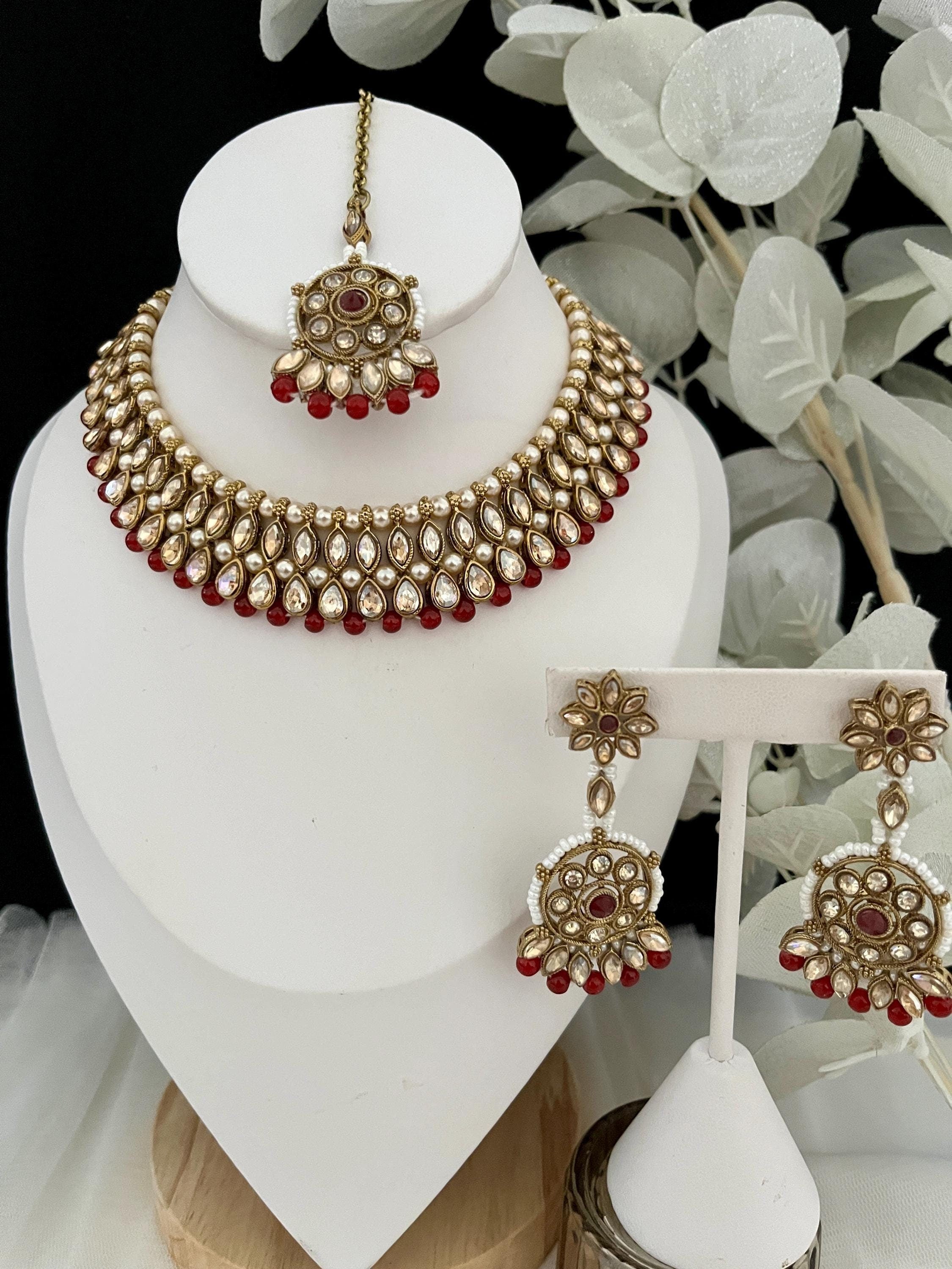 Imitation Polki Jewellery Set Gold Red Choker Necklace Tikka Earrings Set