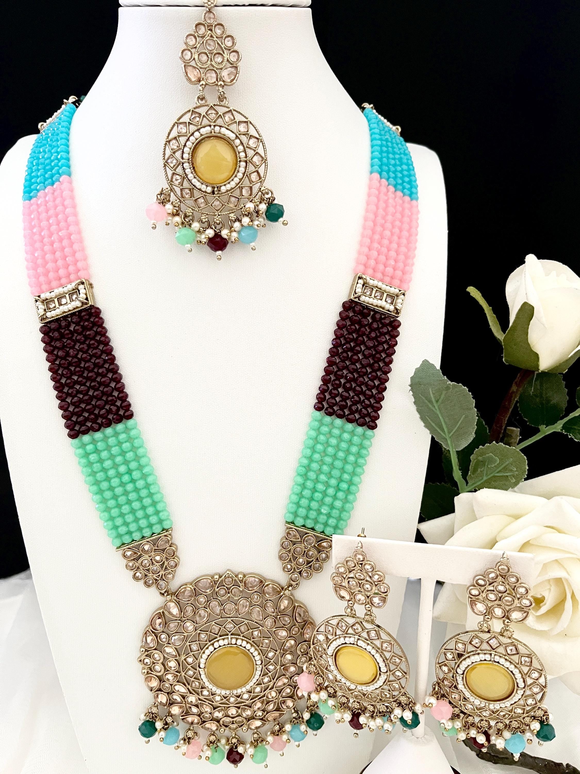 Long Necklace/Raani Haar/ Tikka Earrings/Polki Jewellery/Indian Bridal Sets