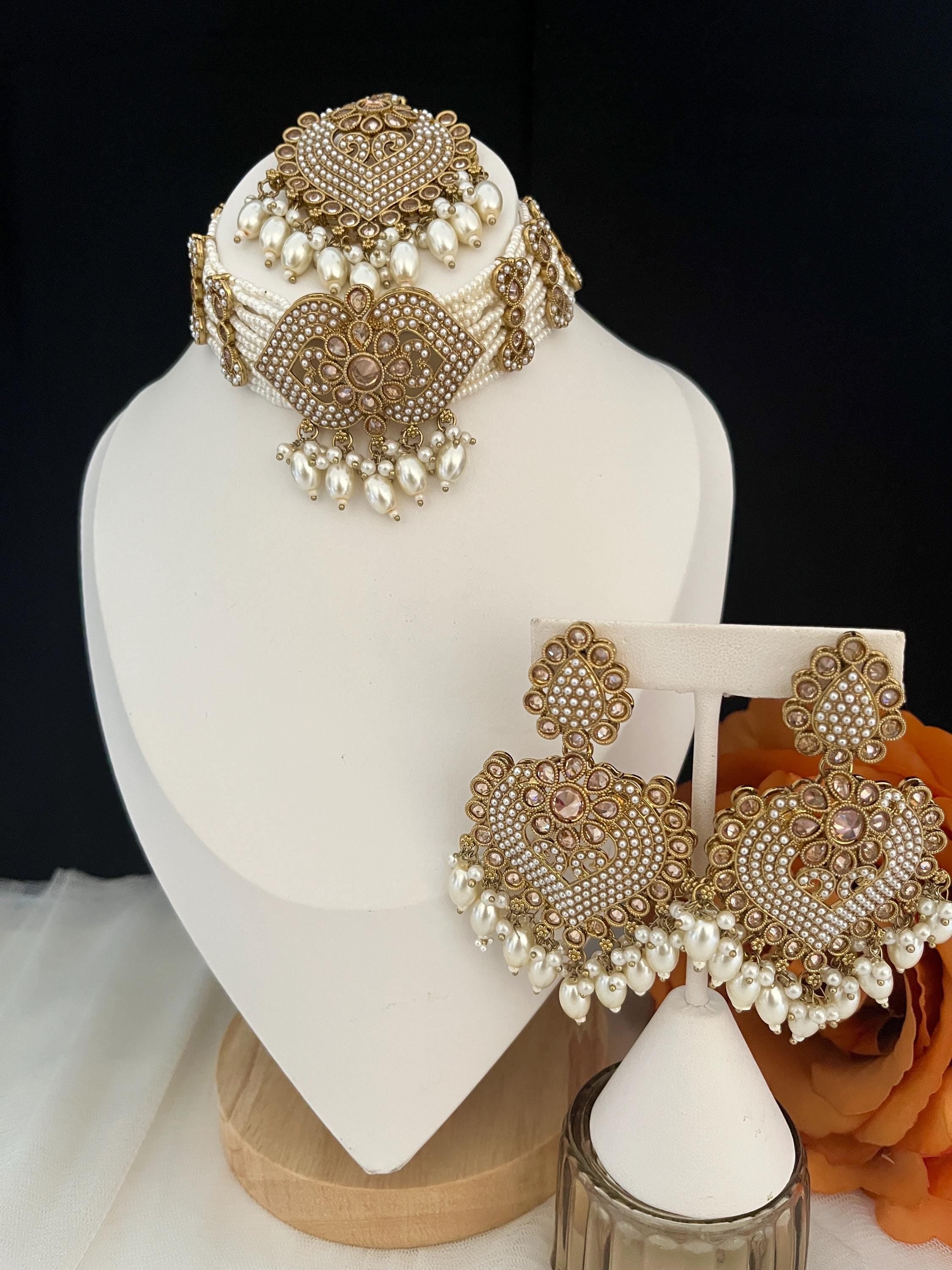 Polki Choker Necklace Set: Indian Bridal Jewelry, Multicolored Pearls