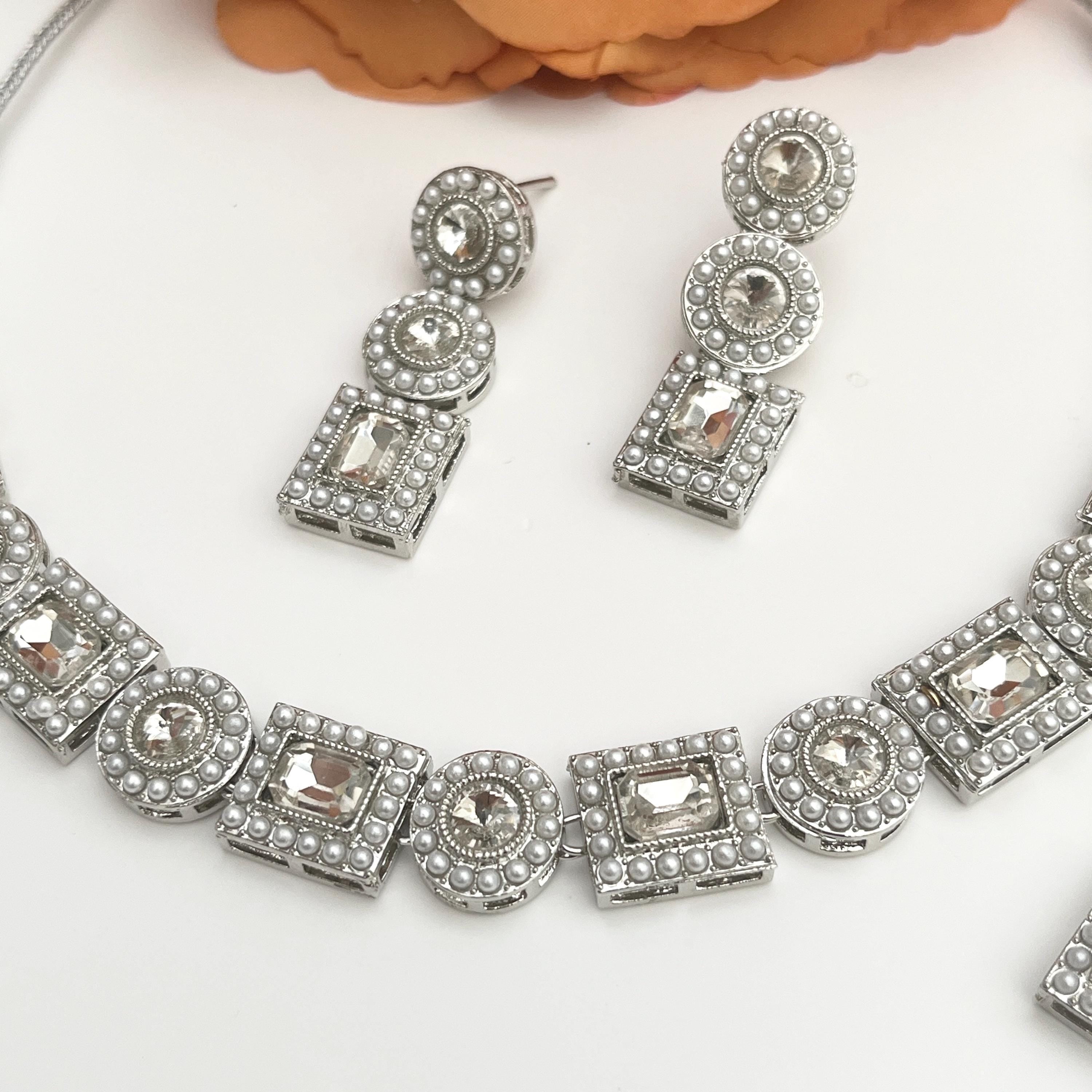 Polki Choker Necklace Set: Indian Bridal Jewelry, Silver Tikka Earrings