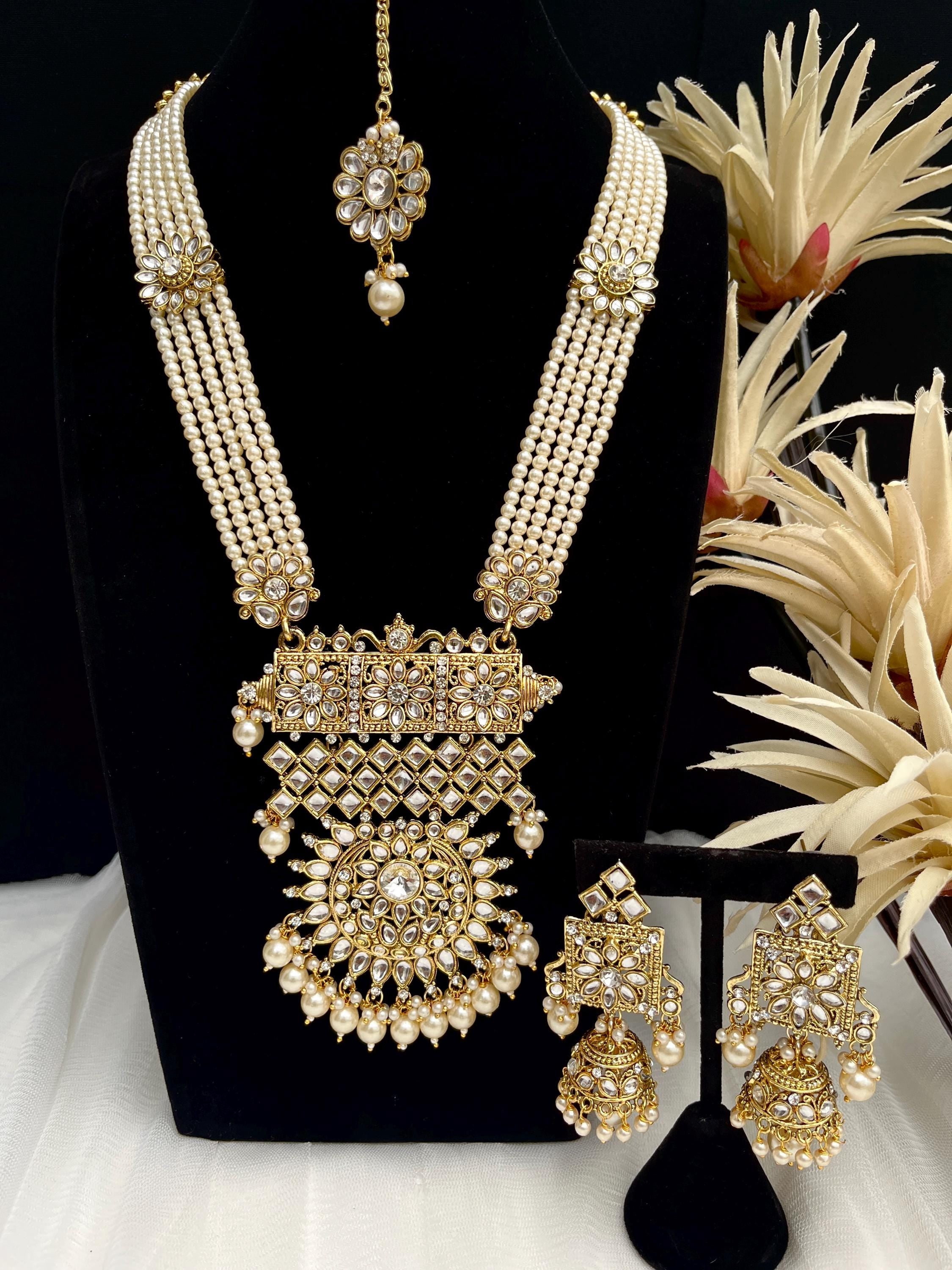 Kundan Rani Haar Necklace Set: Imitation Gold, Jhumka Earrings & Tikka
