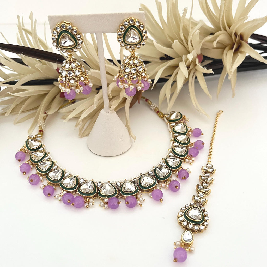 Kundan Jewellery Sets, Lilac Colour Jewellery, Traditional Indian Jewellery, Indian Bridal Jewellery, Pakistani Jewellery