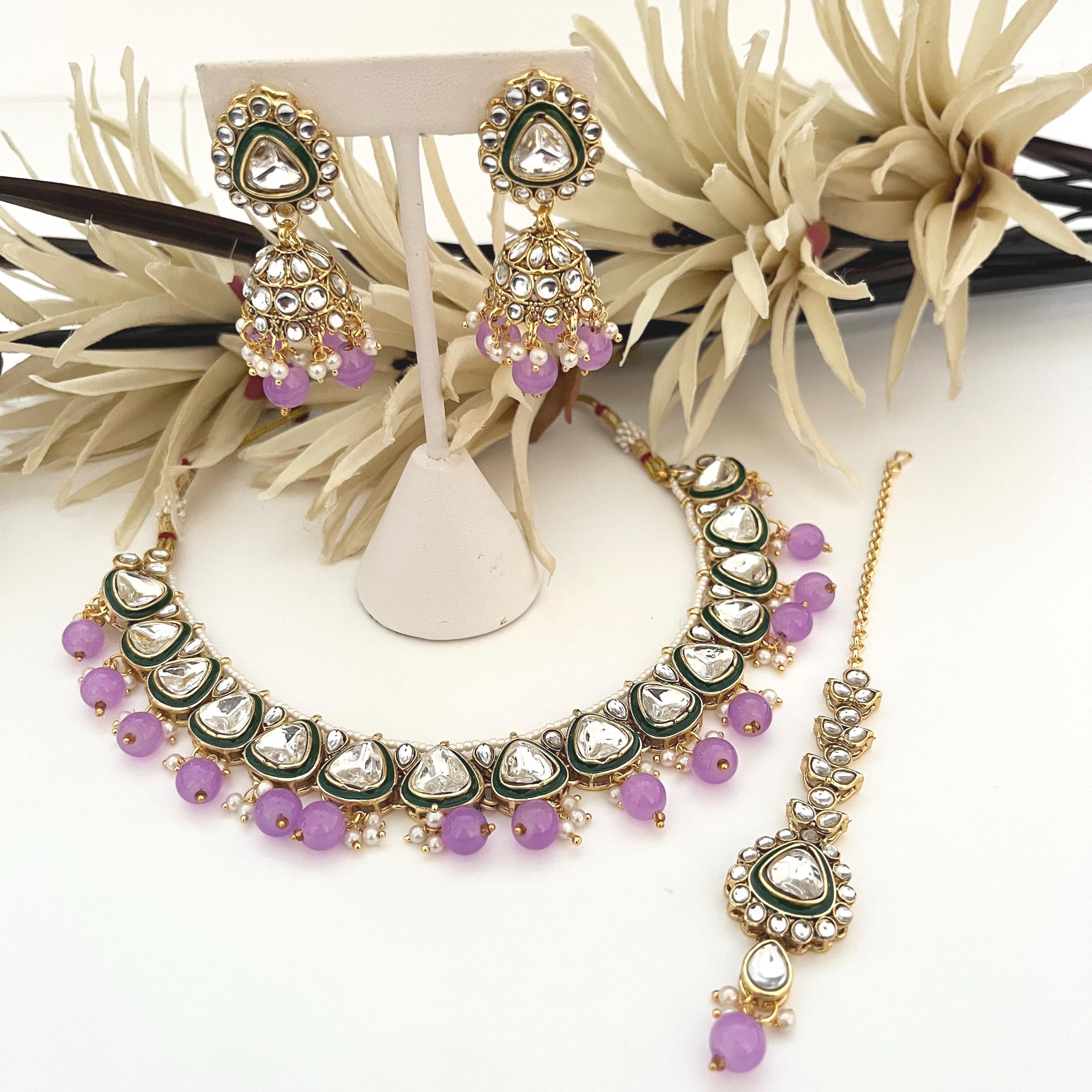 Kundan Jewellery Sets, Lilac Colour Jewellery, Traditional Indian Jewellery, Indian Bridal Jewellery, Pakistani Jewellery